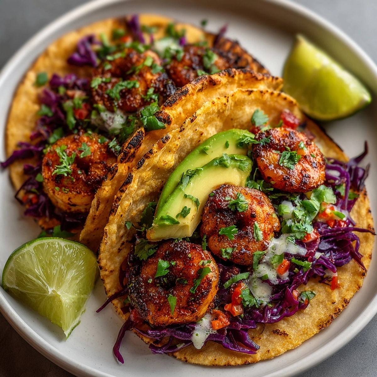 Chili Lime Shrimp Tacos bursting with fresh cilantro and a creamy avocado drizzle, ready to eat.