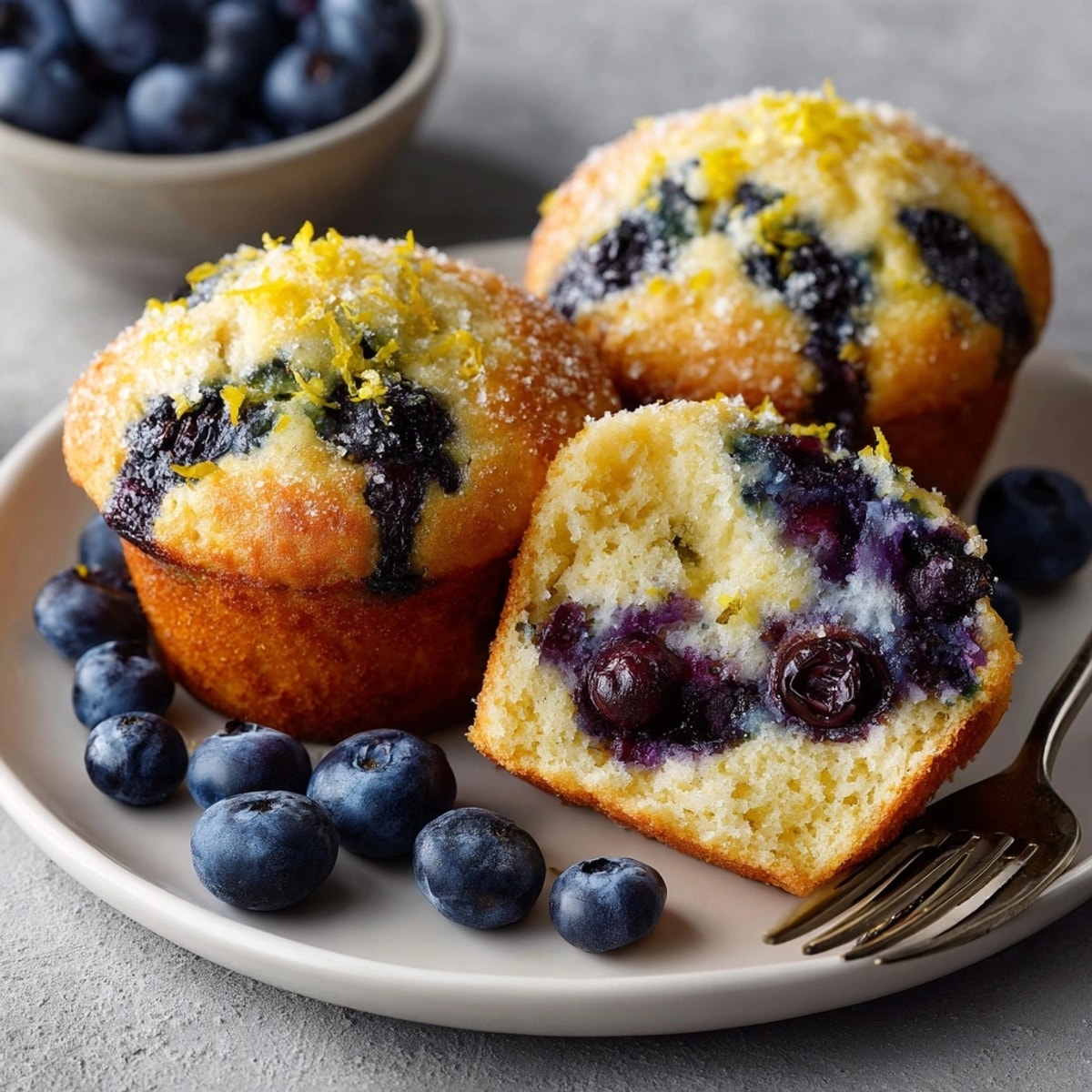 Fluffy Lemon Blueberry Breakfast Muffins, still warm, ready for a sweet, citrusy morning.