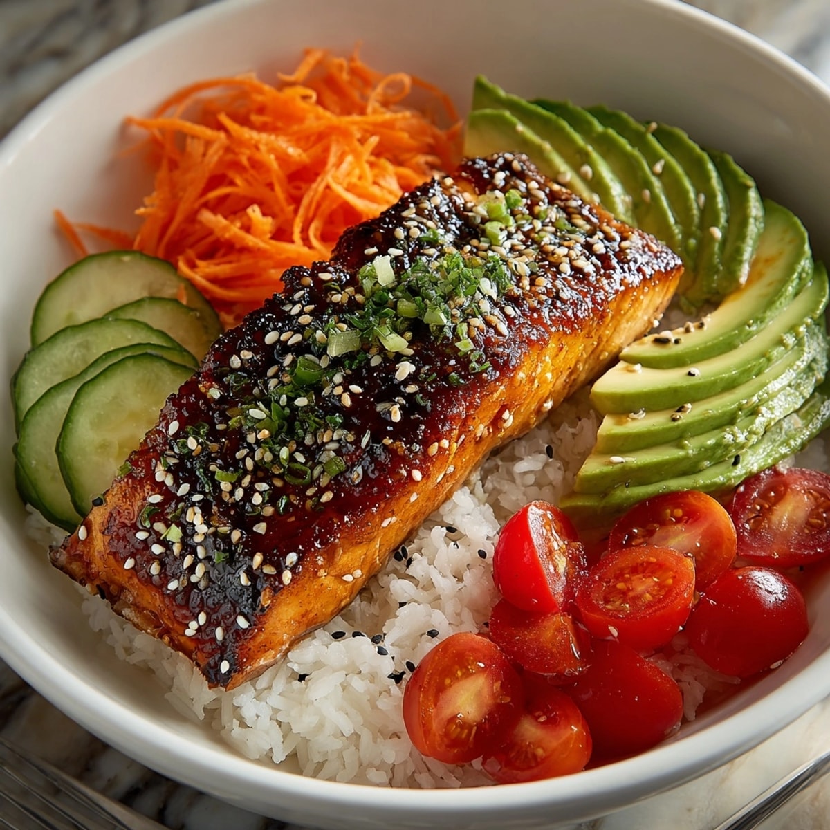 Delicious Honey Mustard Glazed Salmon Bowl: Golden crust, savory-sweet glaze, served fresh, ready to devour.