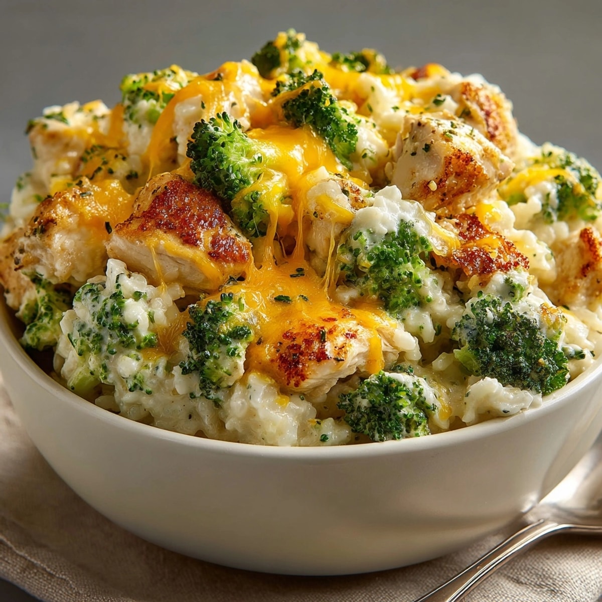 Creamy, comforting one-pot cheesy broccoli chicken rice recipe, ready for a quick weeknight dinner.