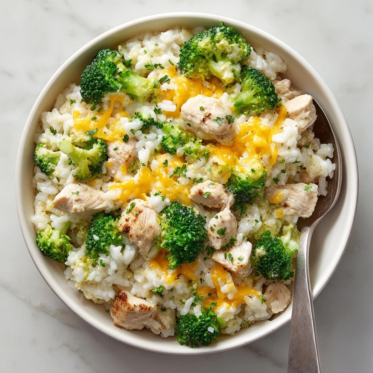 Scoop of steaming one-pot cheesy broccoli chicken rice; easy, delicious, & family-friendly.