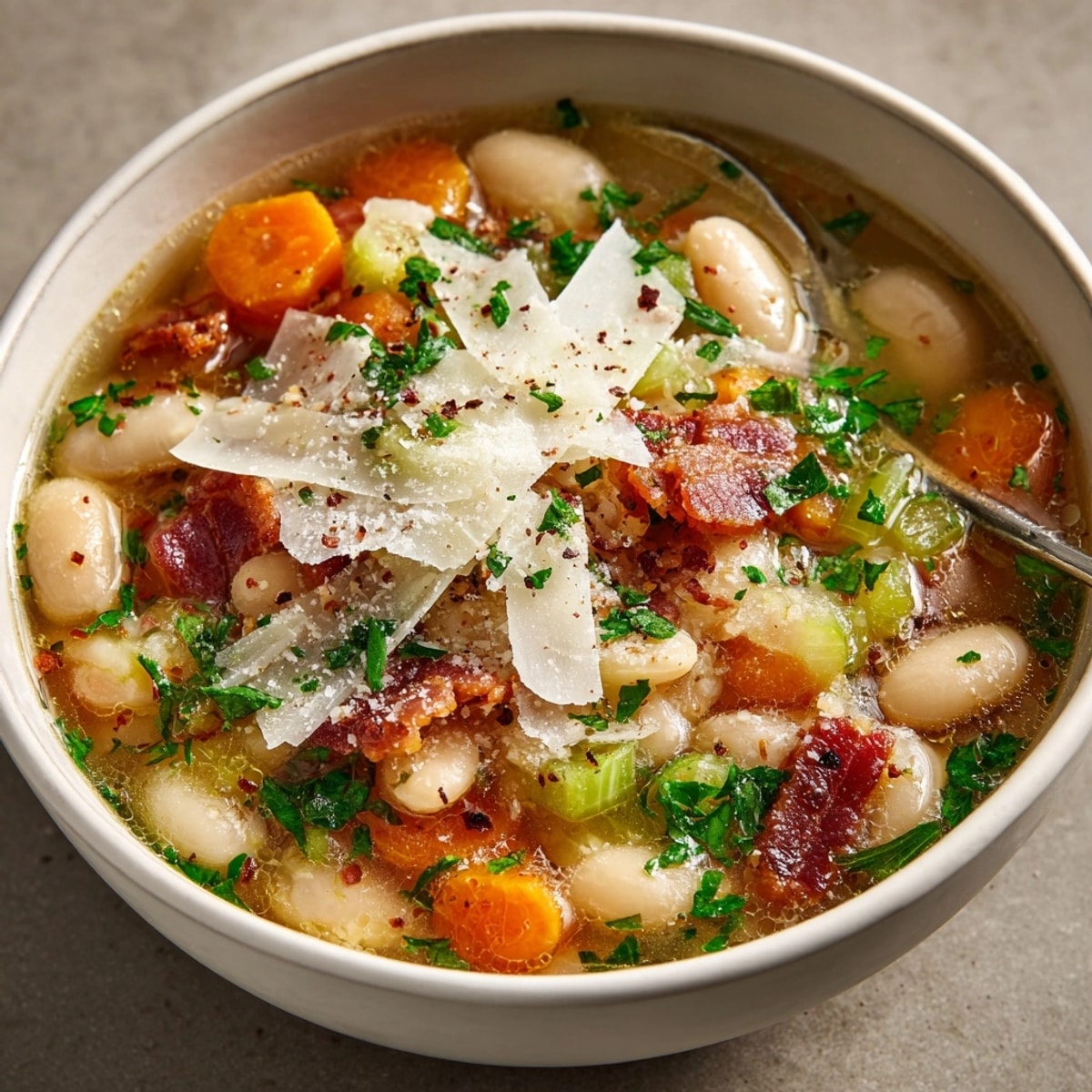 Warm, hearty White Bean Soup with Bacon, garnished with Parmesan, ready to serve.