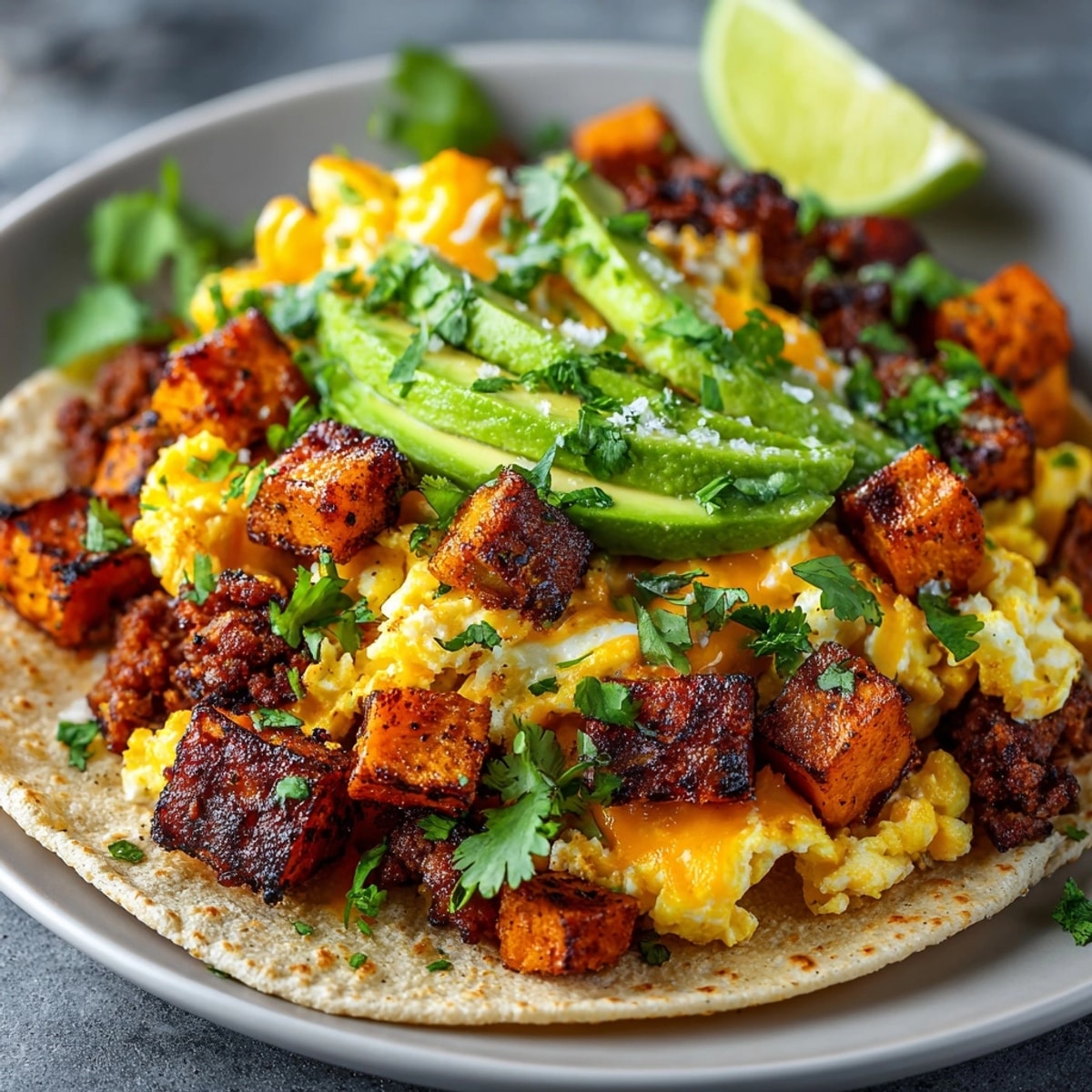Delicious chorizo and sweet potato breakfast tacos, warm tortillas filled with savory flavors.