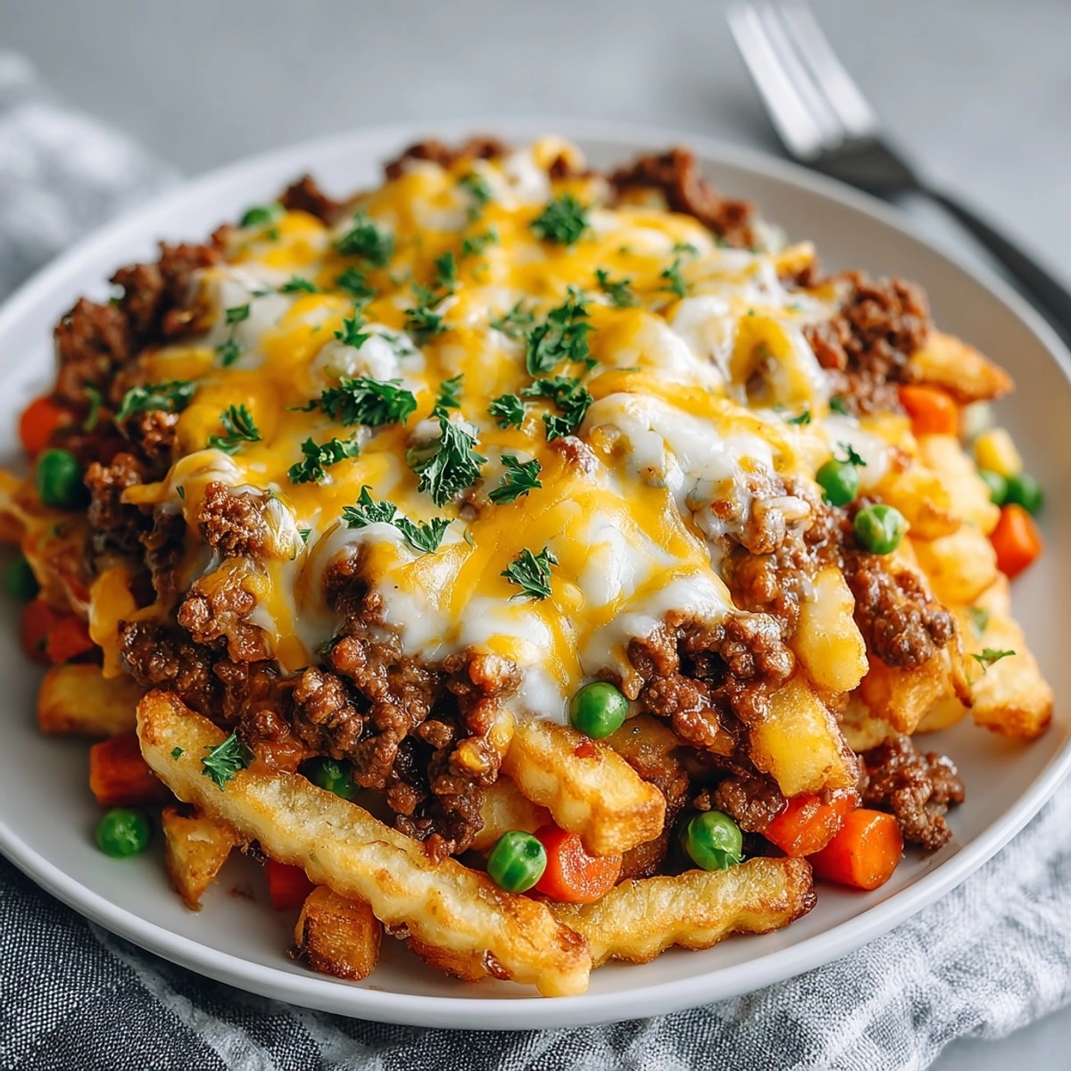 Golden Shepherd's Pie Loaded Fries, bubbling cheddar melts over savory meat and veggie topping.
