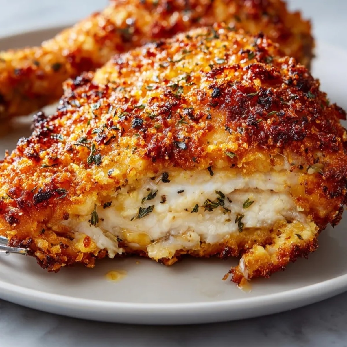 Golden brown Crispy Oven "Fried" Chicken, ready to eat and piled high on platter.