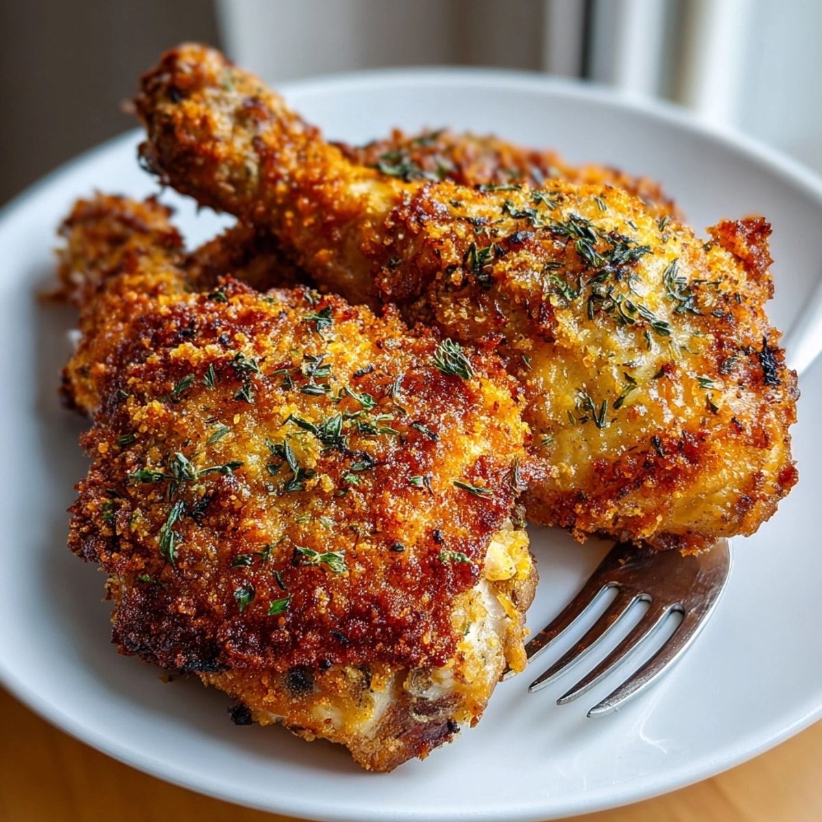 A close-up of golden Crispy Oven &quot;Fried&quot; Chicken showing flavorful seasonings and texture.
