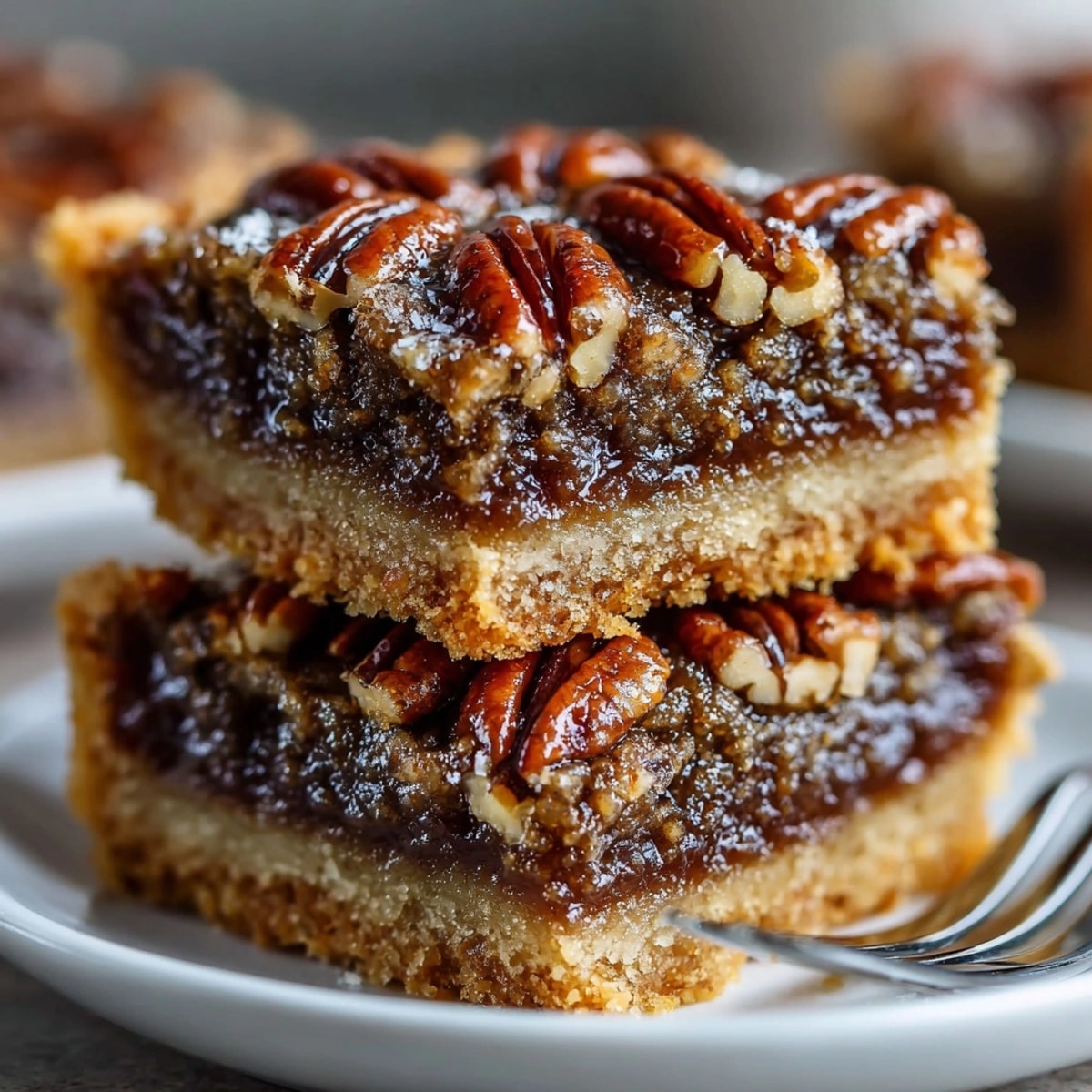 Golden Maple Bourbon Pecan Pie Bars with a flaky crust, ready to serve.