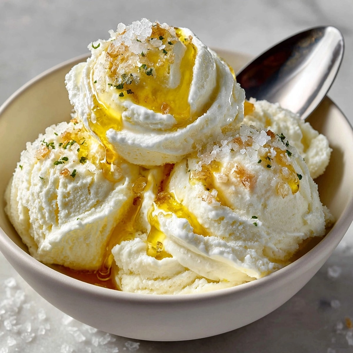 Scoops of Savory Olive Oil & Sea Salt Ice Cream glistening with olive oil.