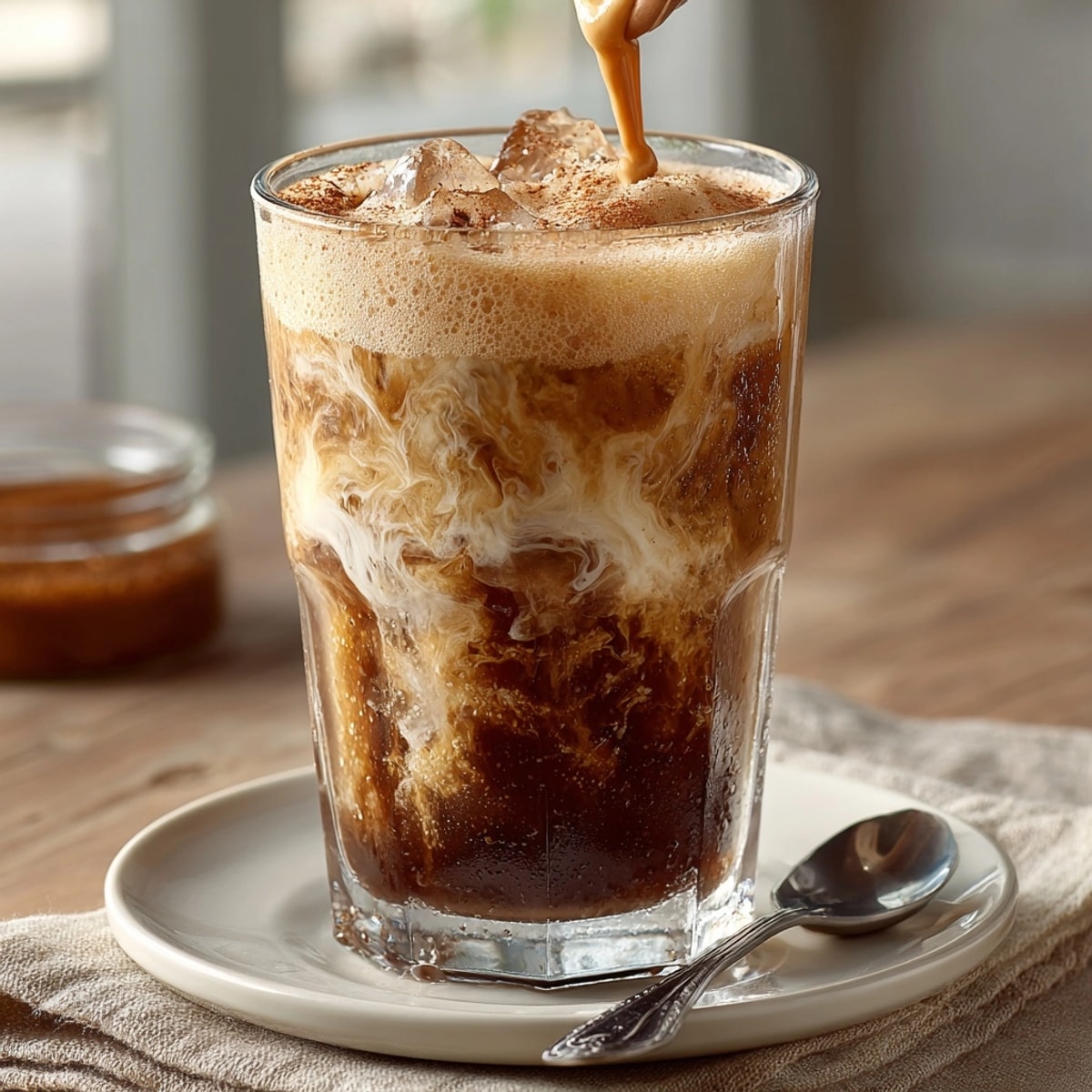 Iced Brown Sugar Shaken Espresso: dark coffee swirls in milk, ready to sip!
