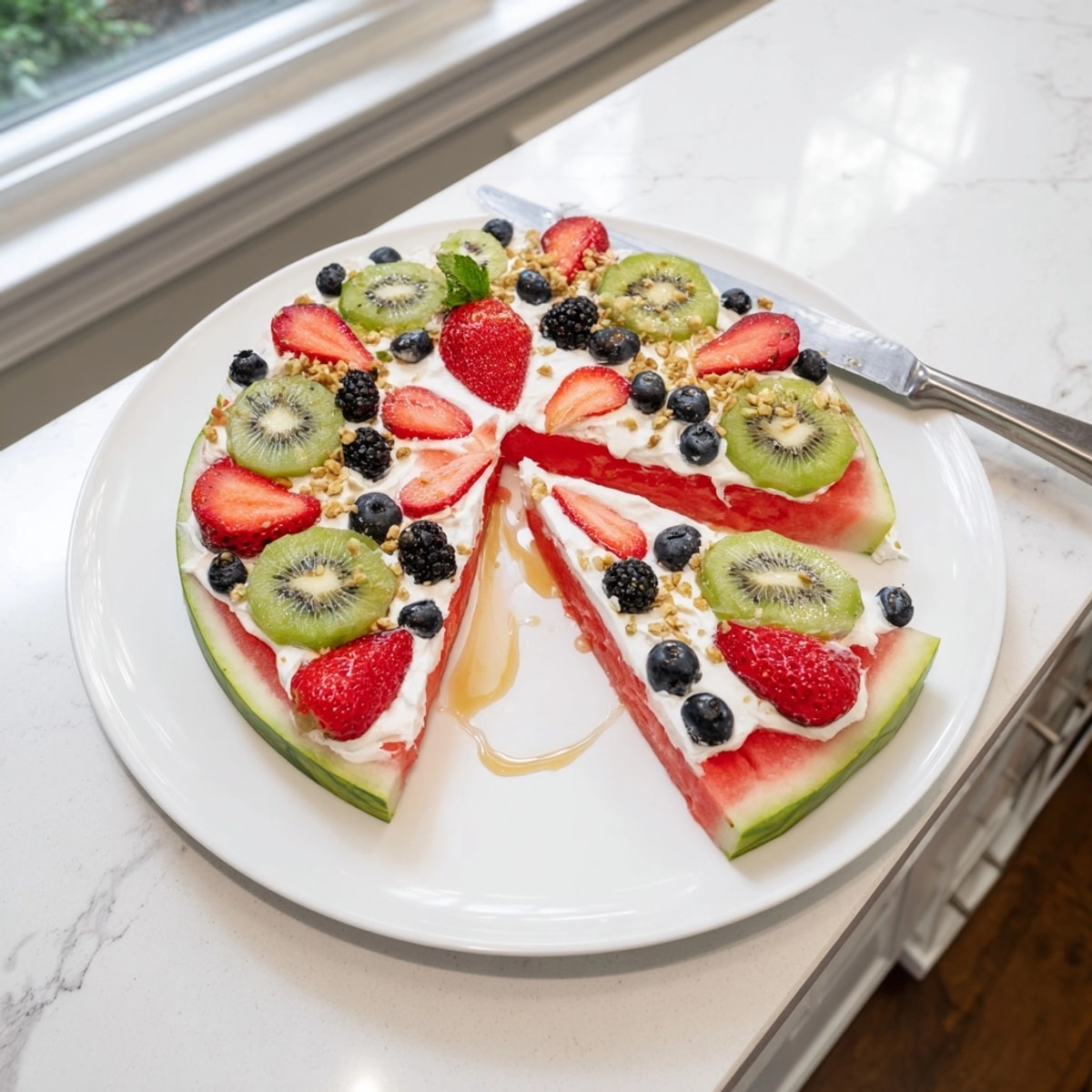 Colorful Watermelon Pizza recipe: sweet watermelon base topped with yogurt, berries, kiwi, and granola.