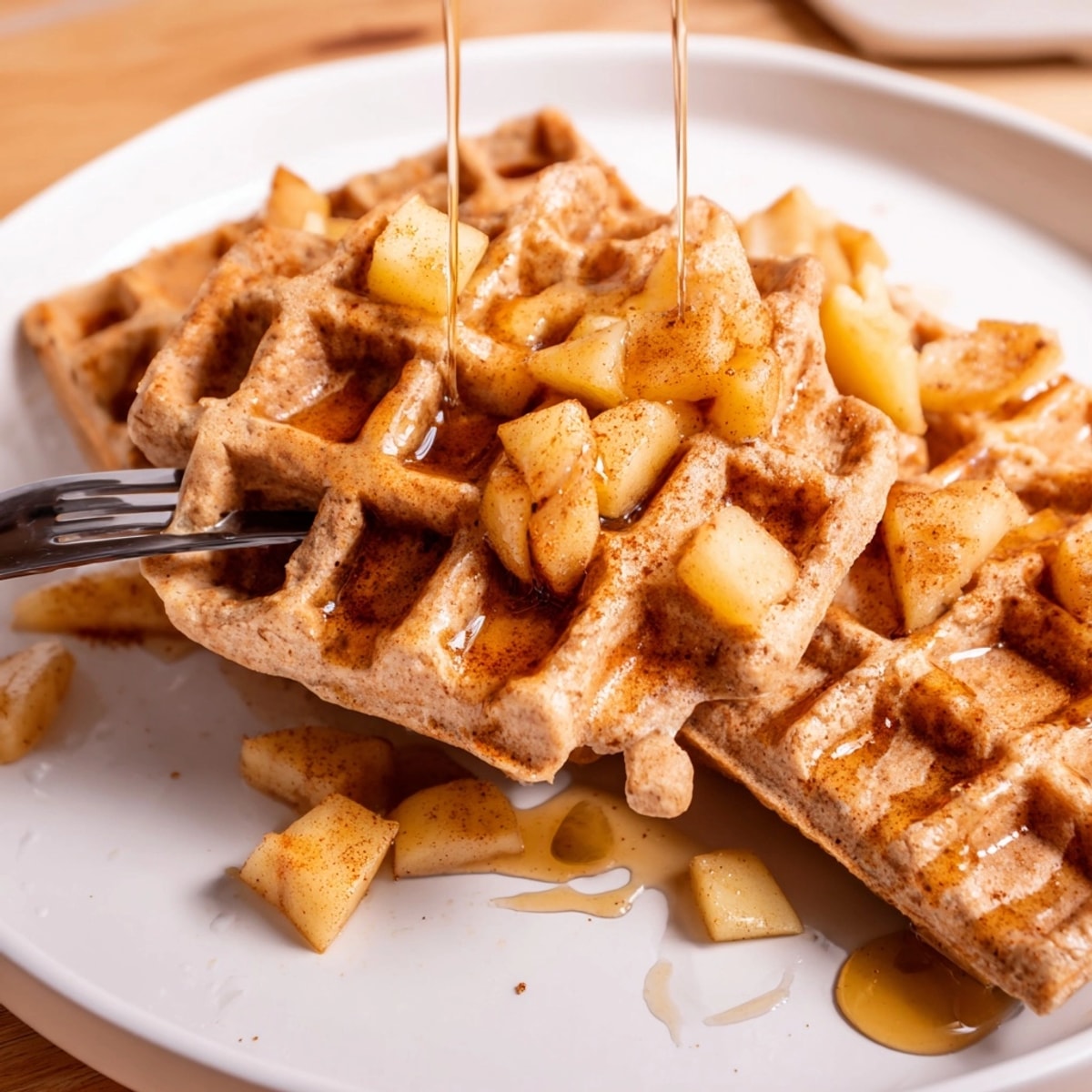 Stack of Cinnamon Apple Protein Waffles, topped with diced apples and cinnamon, fresh off the iron.