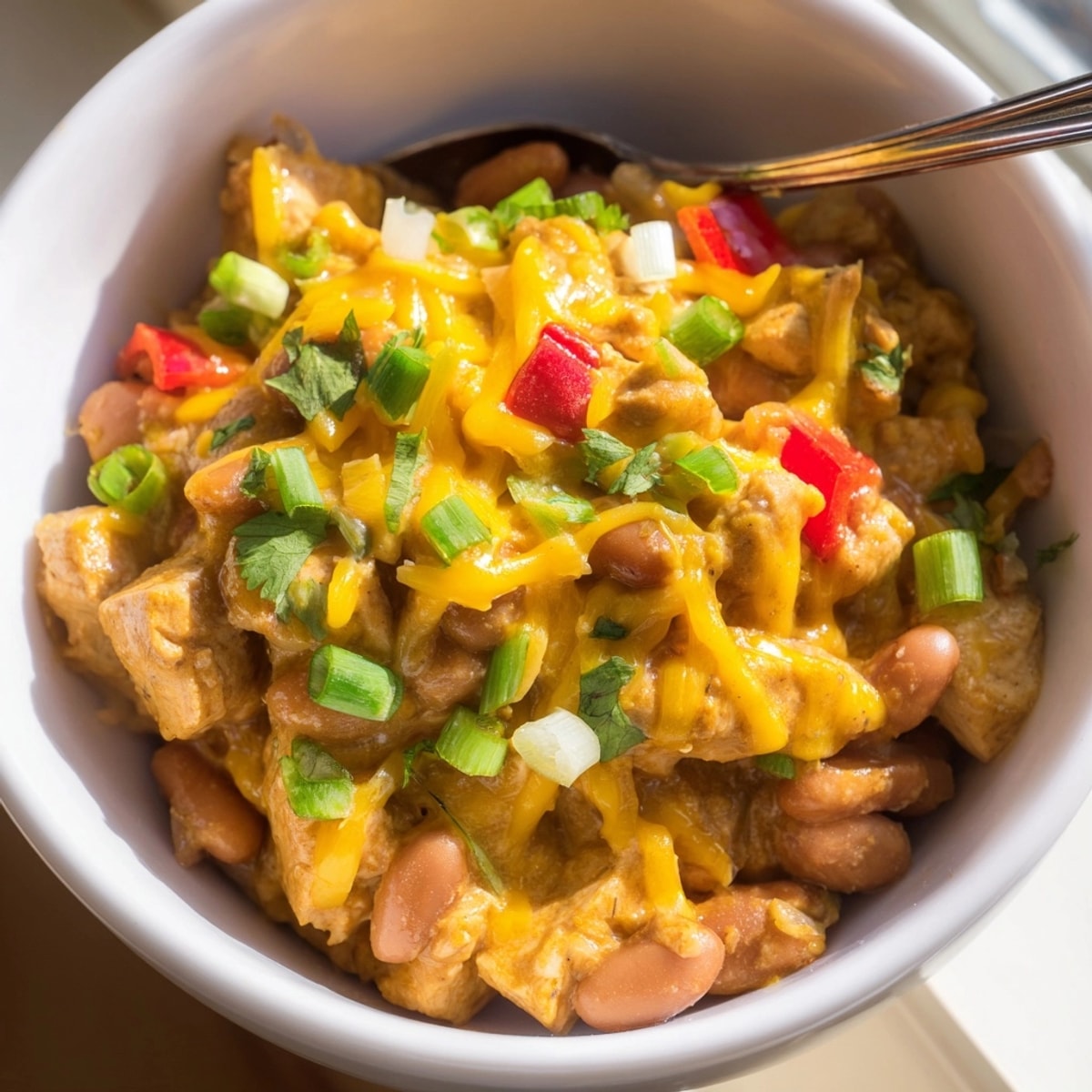 Close-up shot of rustic Cajun Chicken Cheddar Pintos, with melted cheese bubbling.