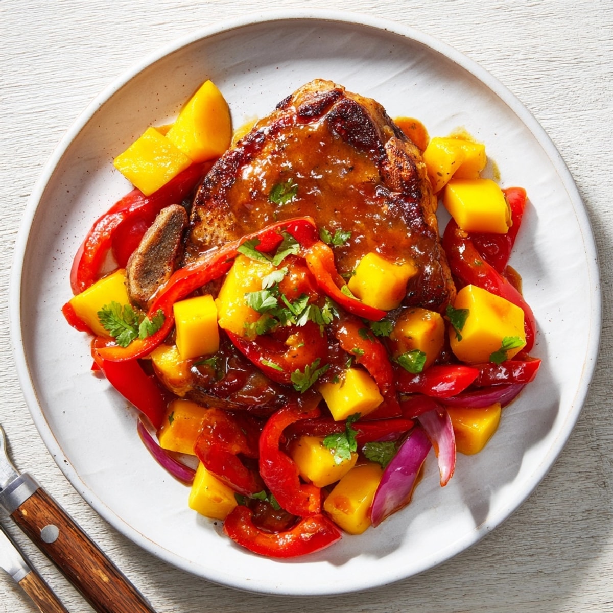Close-up of a juicy Mango BBQ Pork Chop Bake, golden brown and glistening.