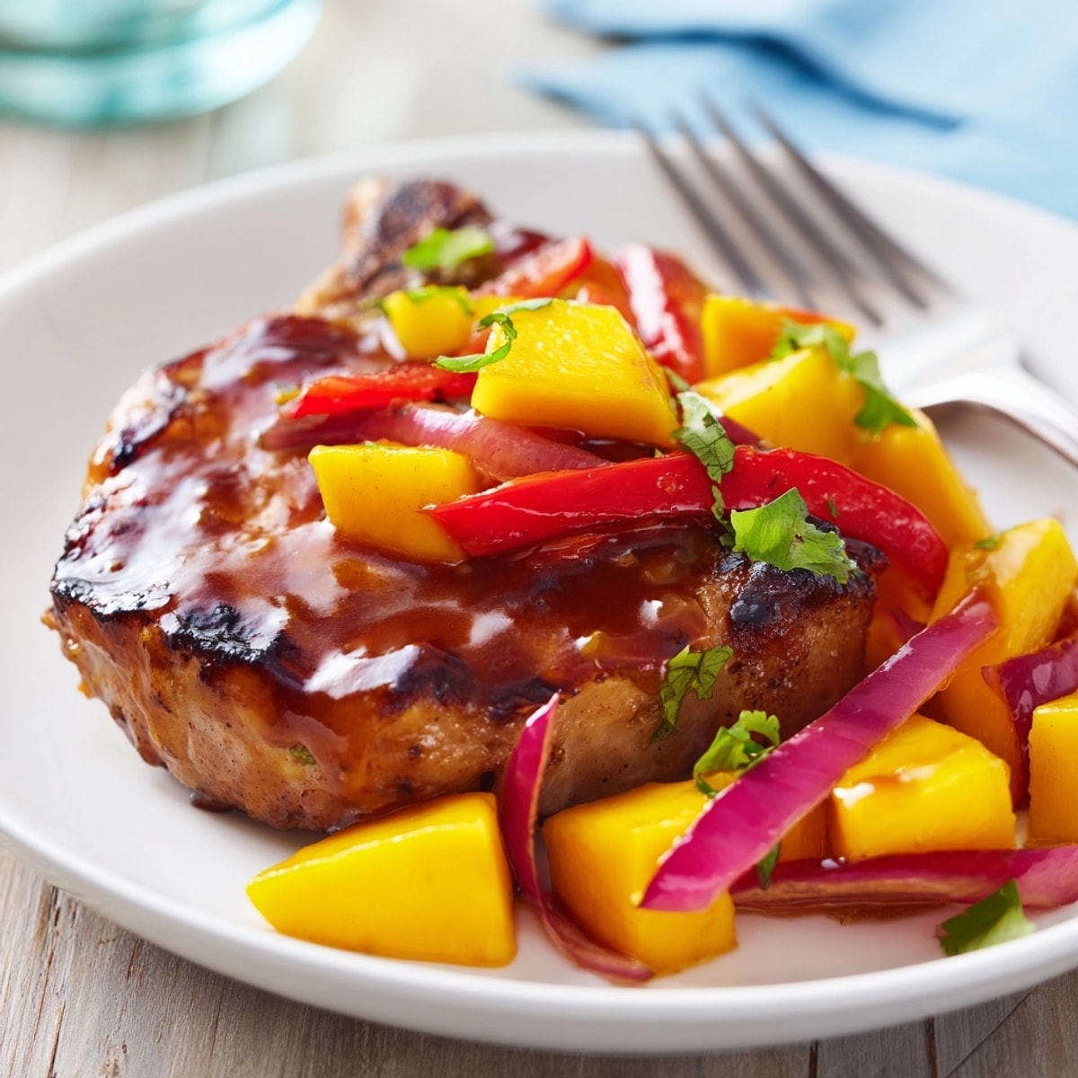 Homemade Mango BBQ Pork Chop Bake ready to eat, topped with fresh cilantro.