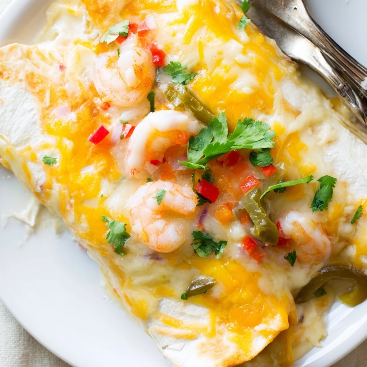 Cheesy Garlic Shrimp Enchiladas bubbling hot from the oven, topped with melted cheese and cilantro.