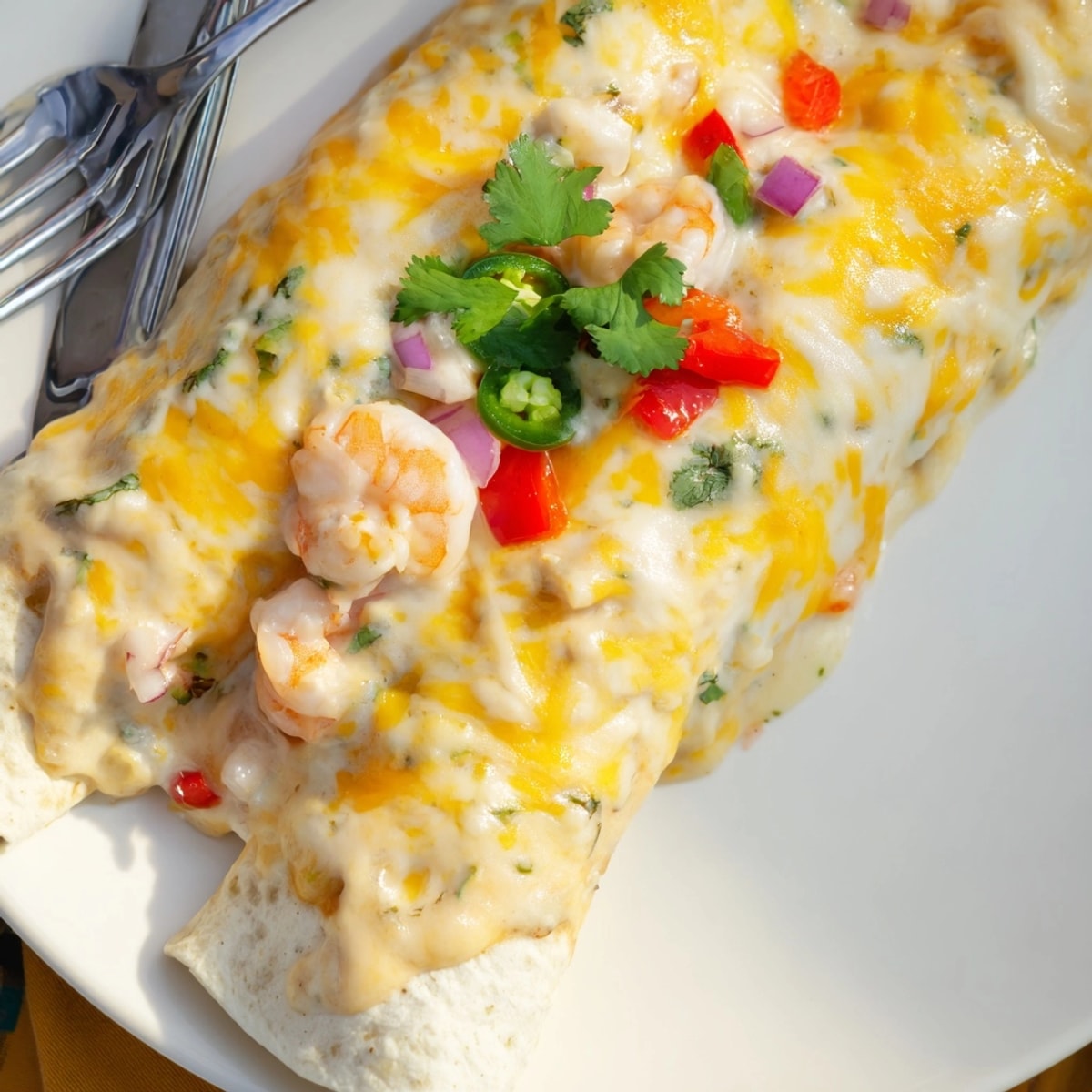 Golden, bubbly Cheesy Garlic Shrimp Enchiladas in a baking dish, ready to serve Tex-Mex style.