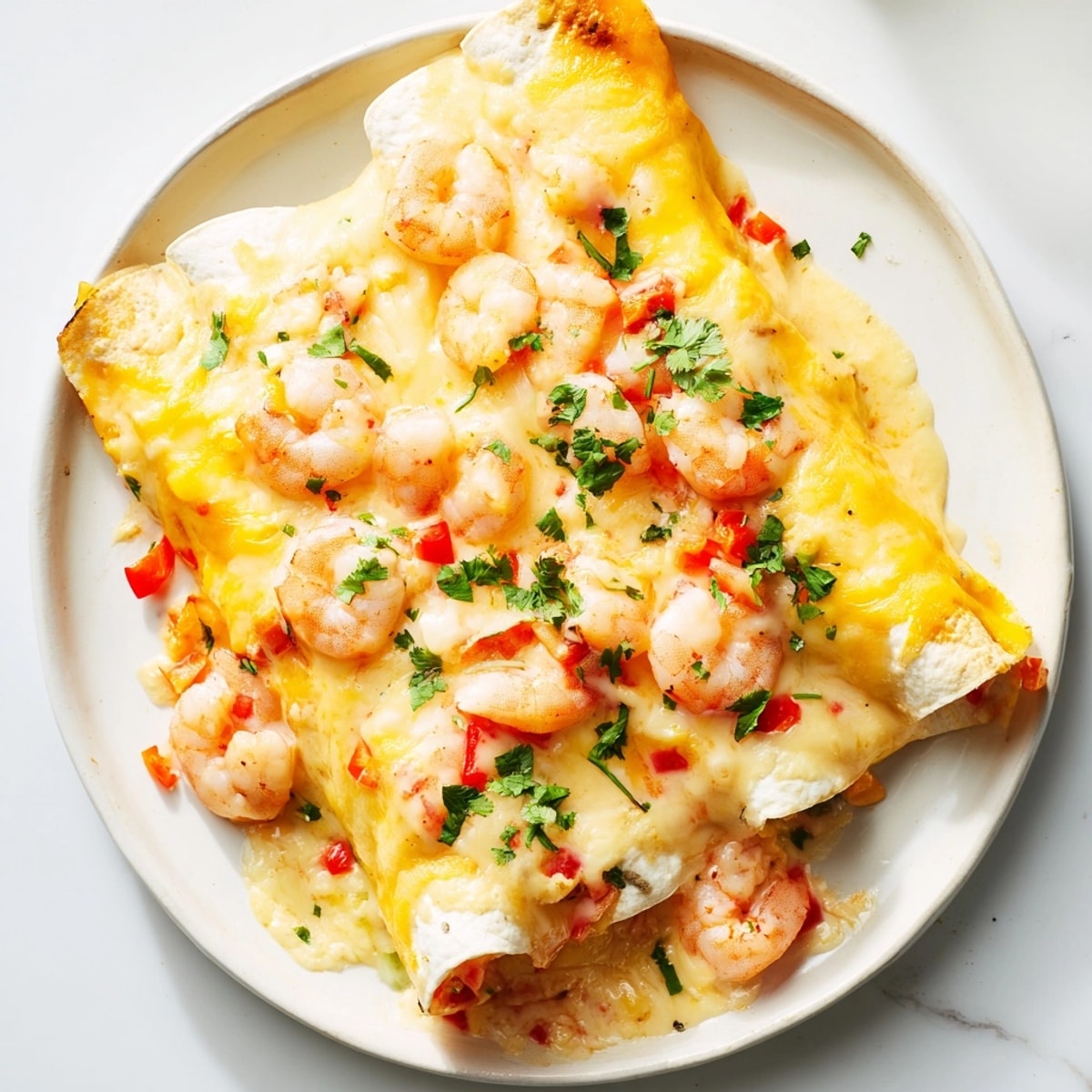 Served: Cheesy Garlic Shrimp Enchiladas ready to eat with lime wedges; a vibrant dish.