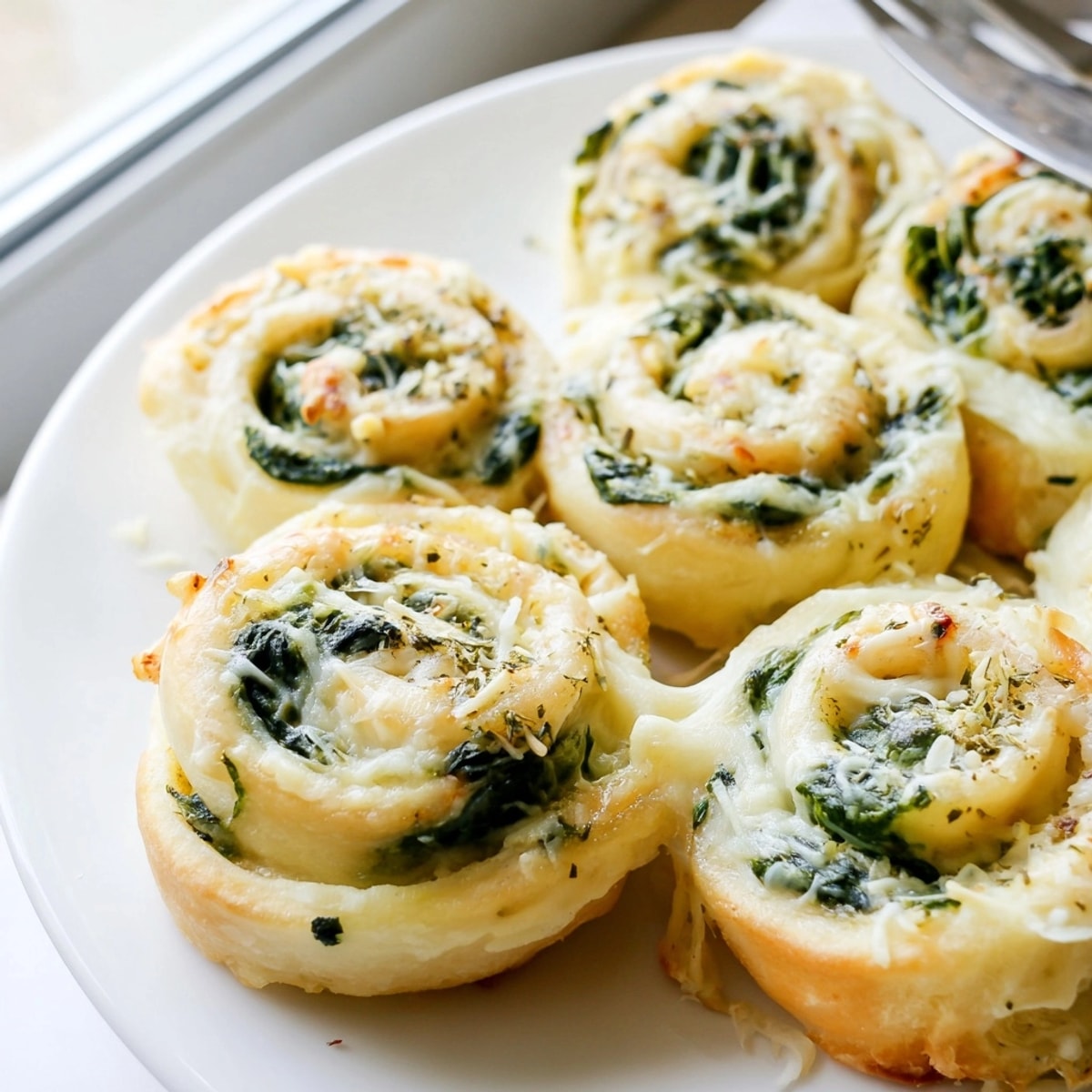 Homemade Alfredo Garlic Spinach Pizza Rolls with melted cheese and herb topping, close-up.