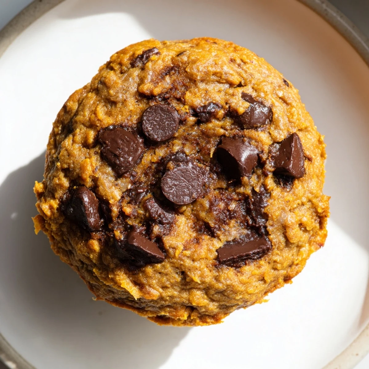 Soft vegan pumpkin chocolate chip muffin cookies topped with rich chocolate, ideal for fall.  