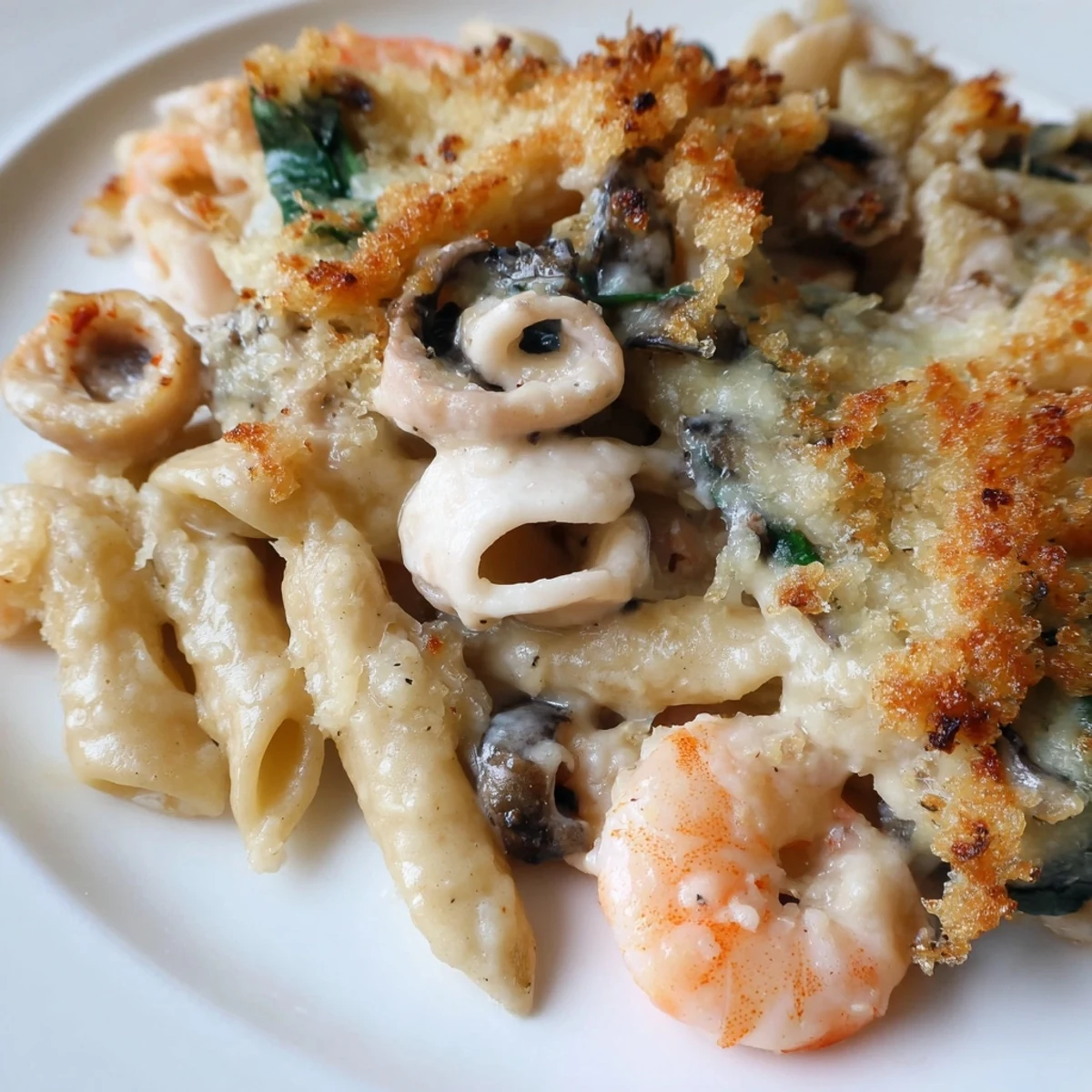 Creamy Japanese seafood pasta bake topped with crispy panko and fresh parsley.  