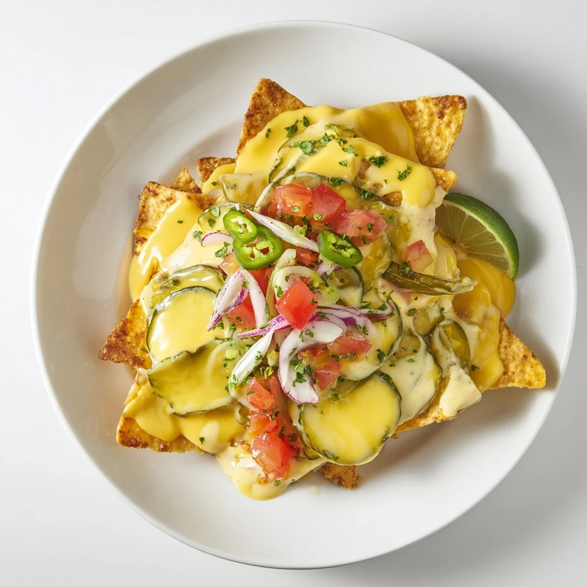 Crispy dill pickle margarita nachos topped with zesty cheese sauce and fresh veggies.  