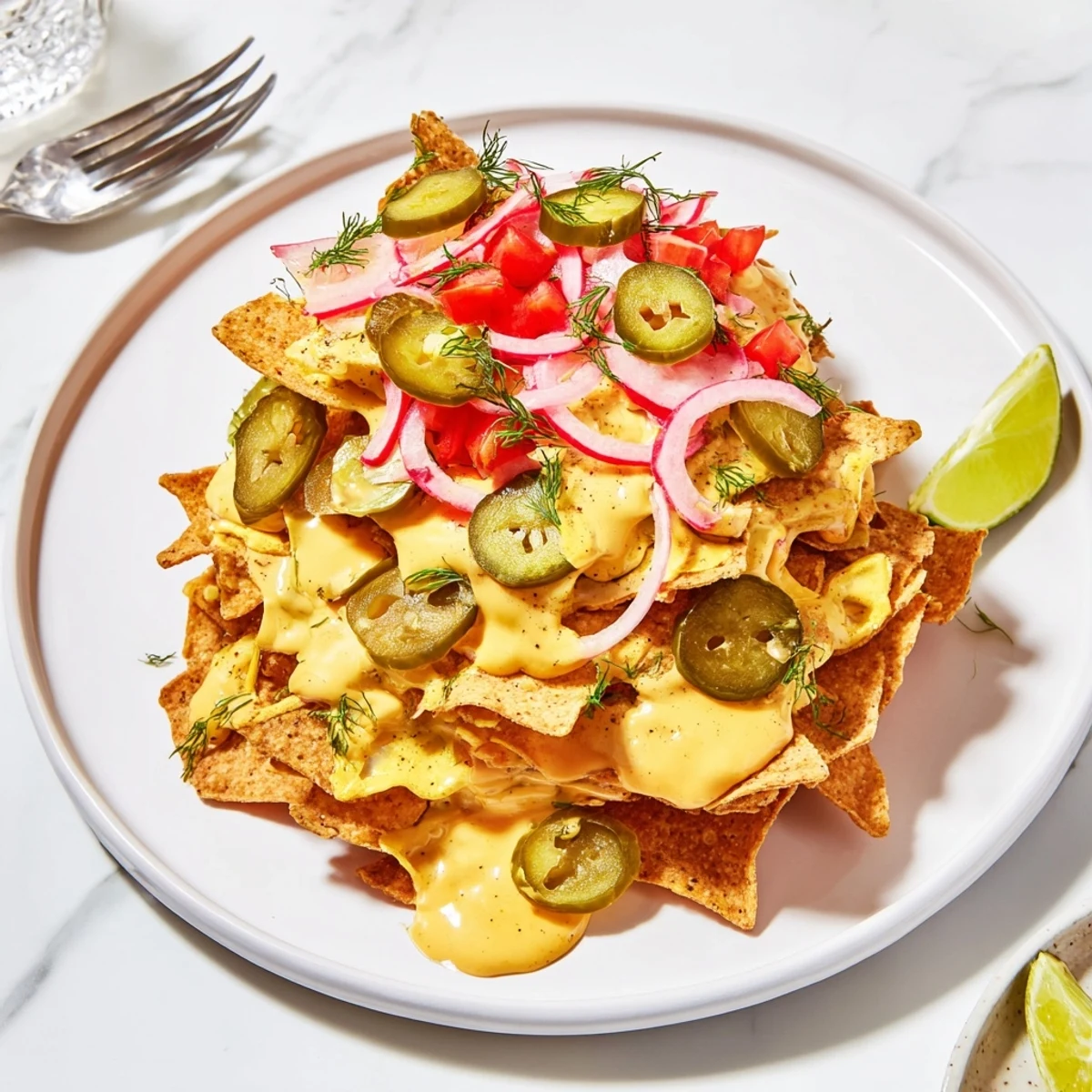 Deliciously layered dill pickle margarita nachos, drizzled with creamy cheese and herbs.  