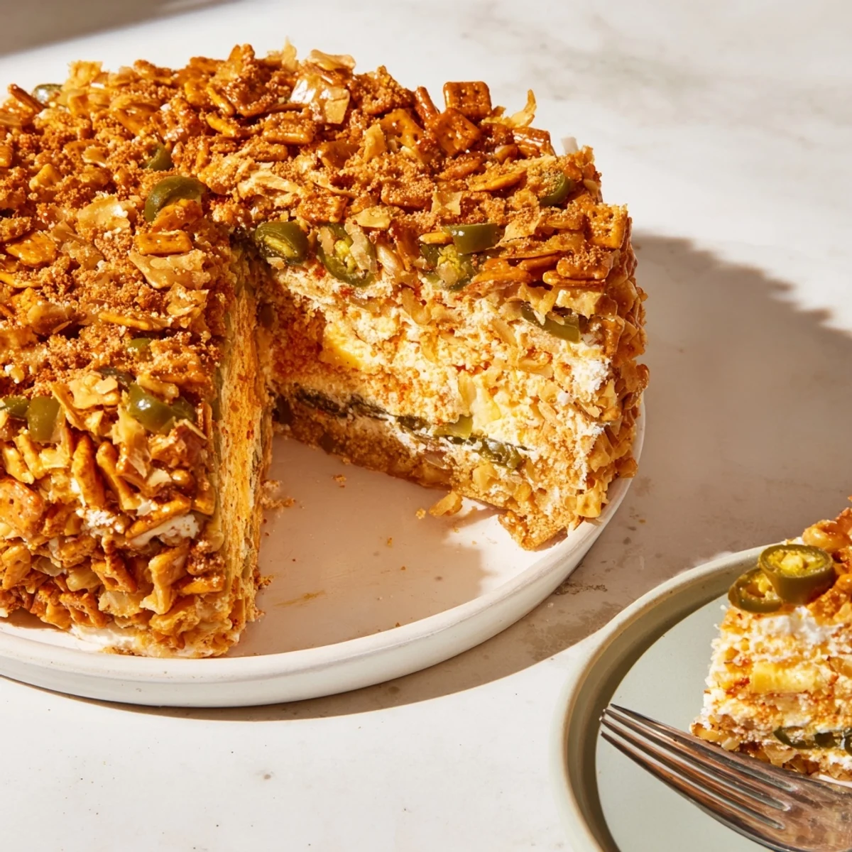 Savory Spicy Ranch Pretzel “Chaos Cake” topped with jalapeños and crunchy mini pretzels.  