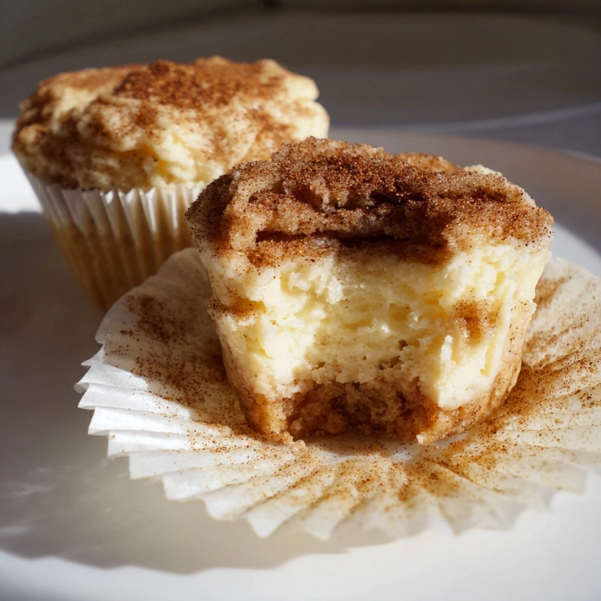 Delicious chai latte muffin cheesecake cups served with a sprinkle of cinnamon sugar.