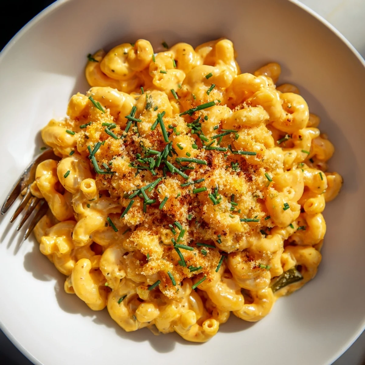 Bowl of spicy Sriracha Pickle Mac and Cheese, with tangy dill pickles incorporated.  