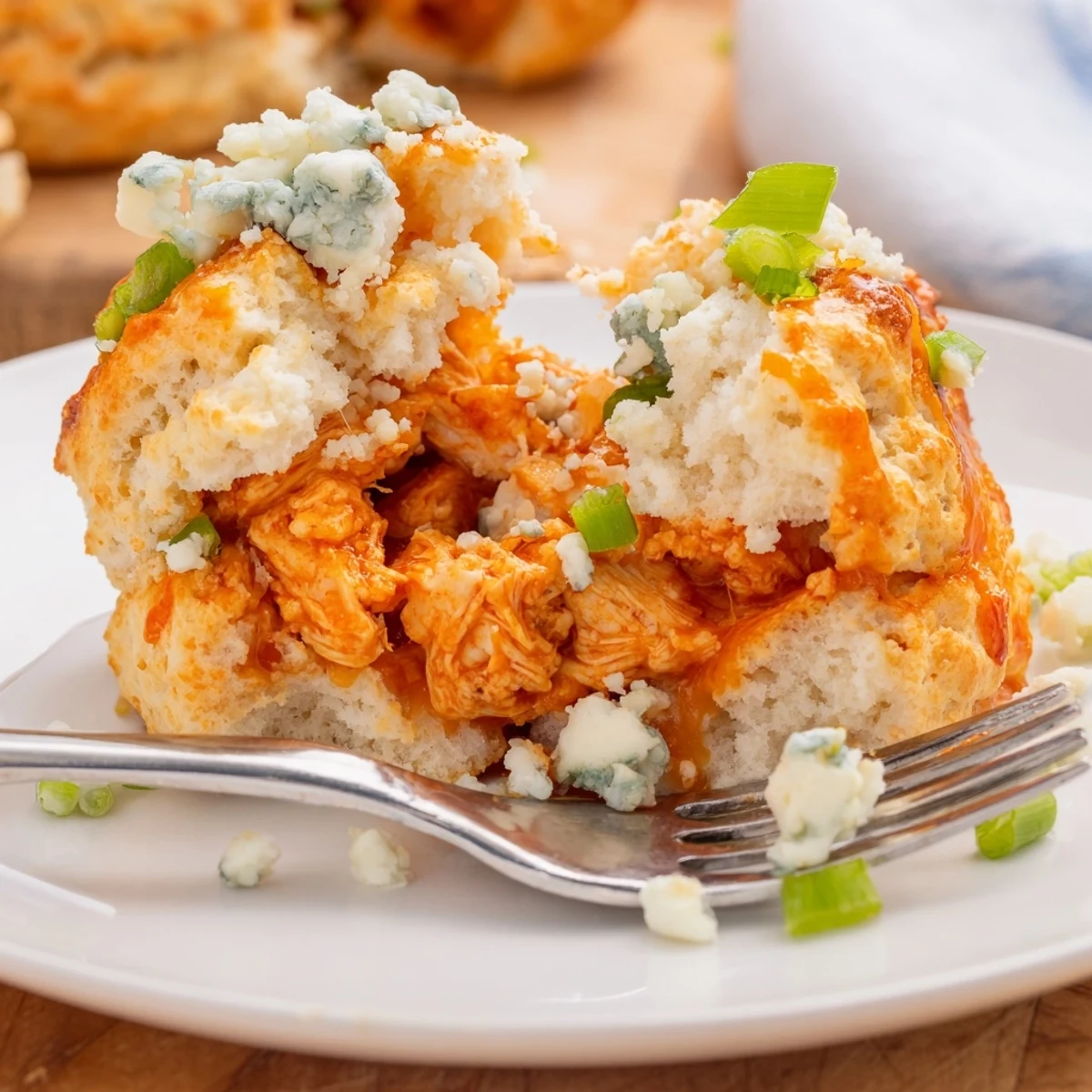Savory Buffalo Chicken Soda Biscuits with melted butter and crumbled blue cheese on top.