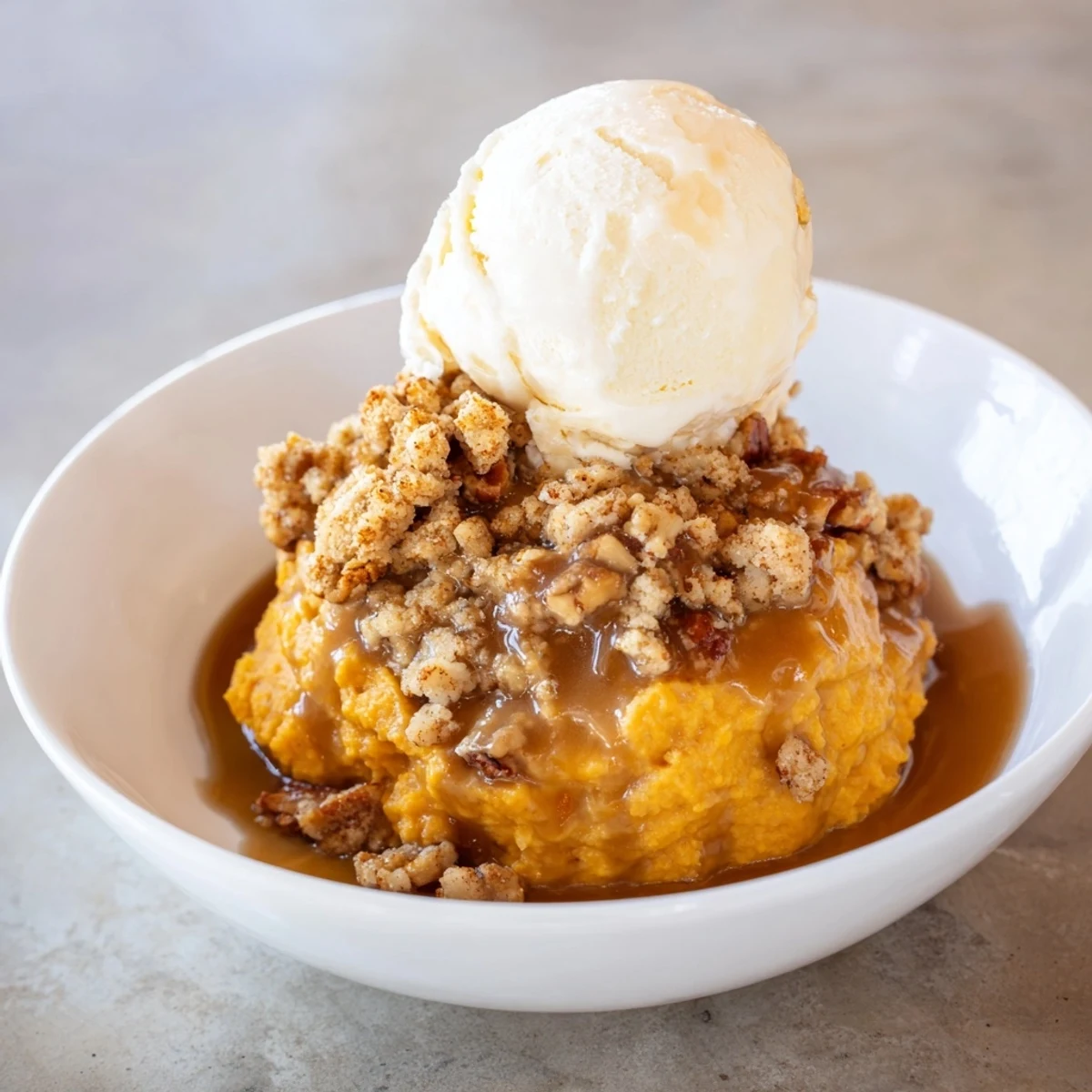 Decadent Sweet Potato Casserole Rebel Float served warm with vanilla ice cream scoop.  