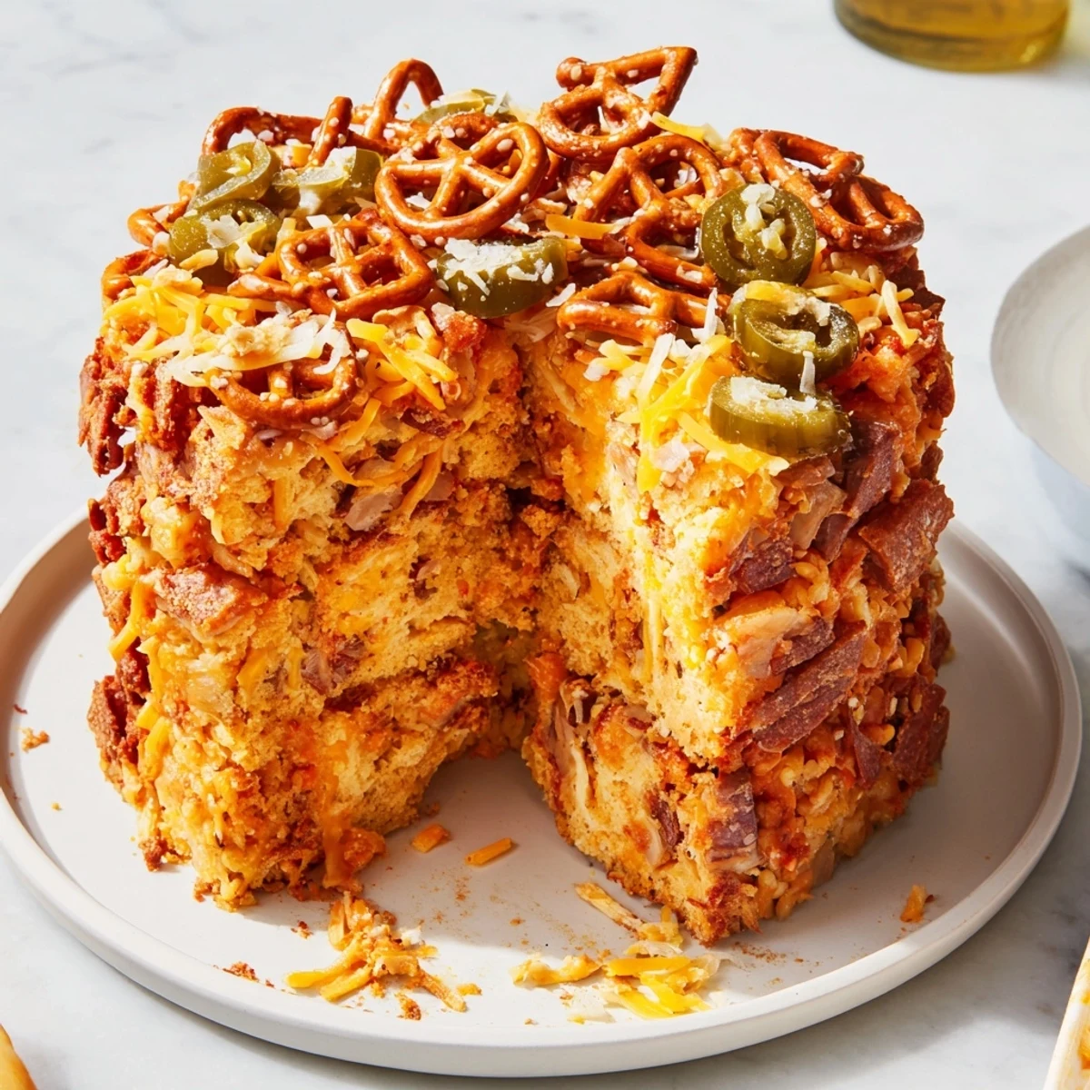 Savory Spicy Ranch Pretzel Chaos Cake drizzled with hot sauce for extra flavor.  