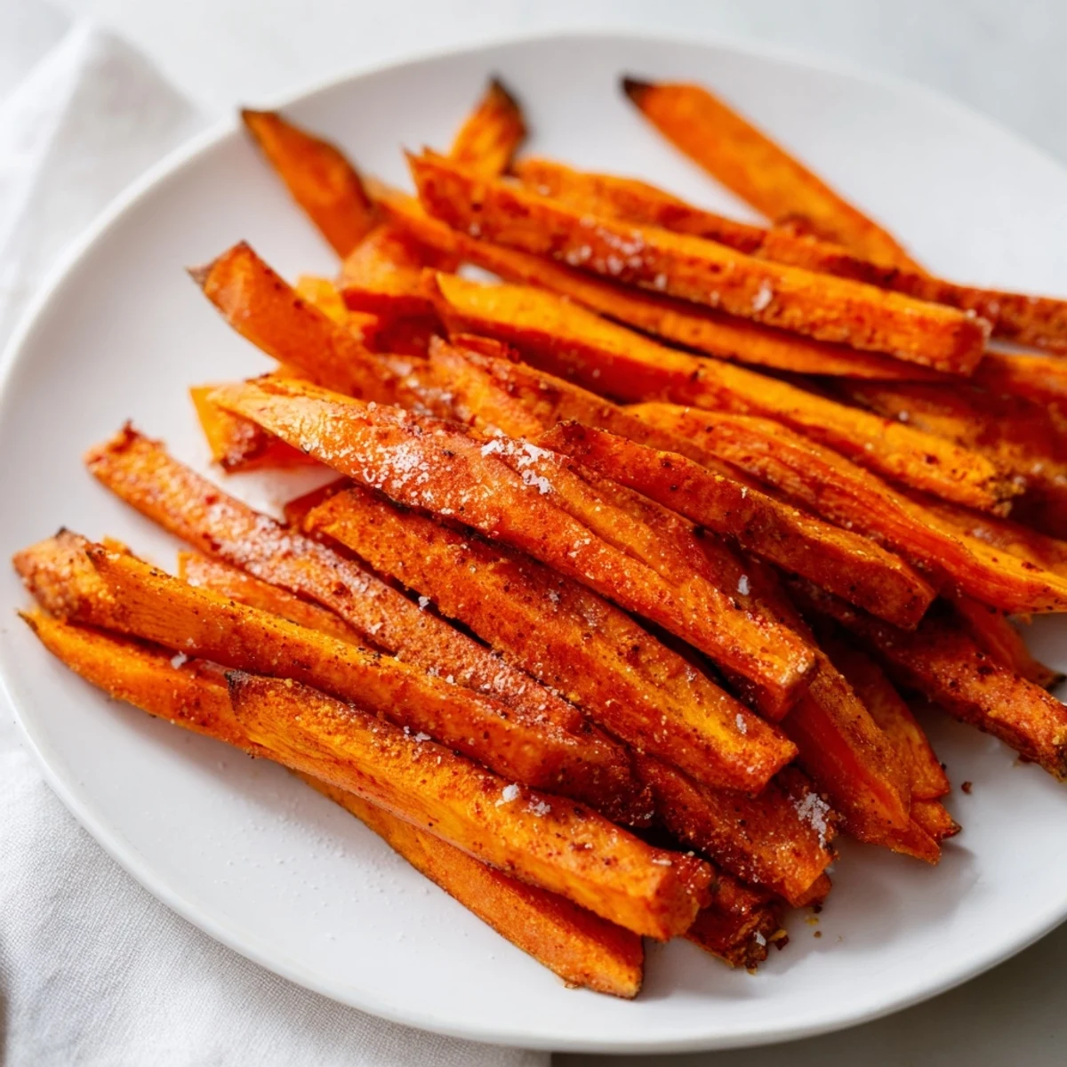 Crispy baked sweet potato fries seasoned with paprika and olive oil, perfect for snacking.  