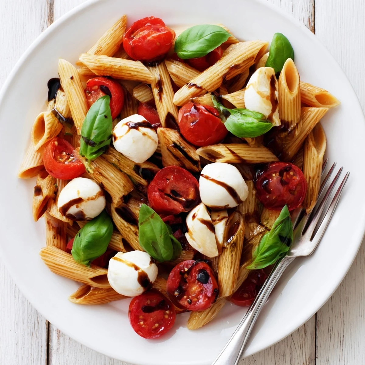 Vibrant Easy Caprese Pasta Salad featuring fresh mozzarella, tomatoes, and fragrant basil.  