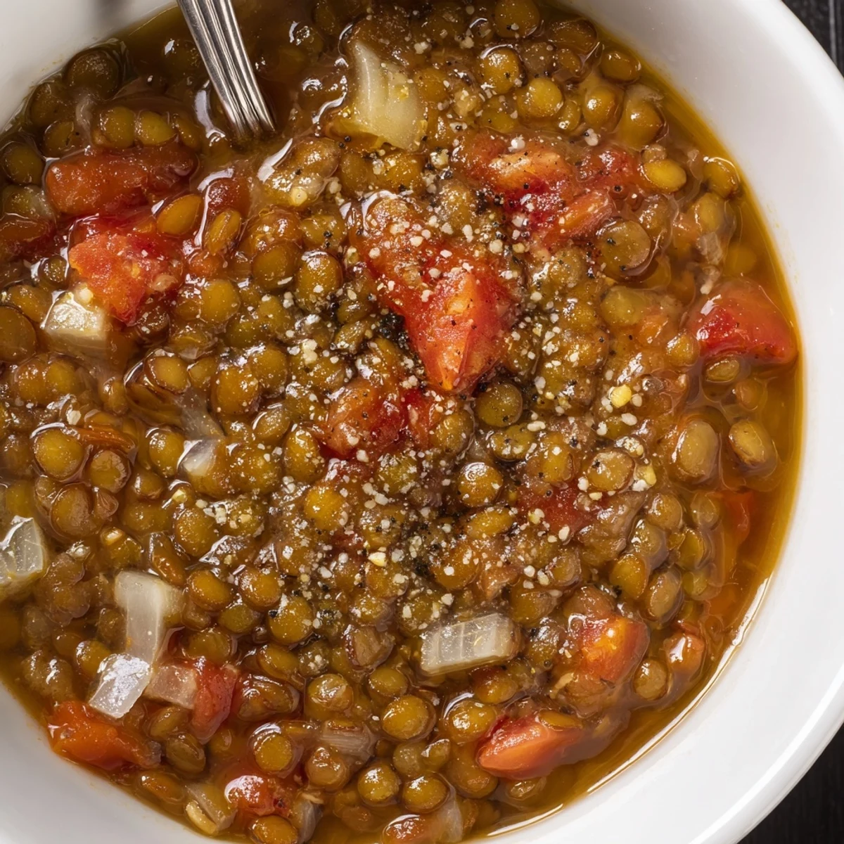 Comforting One-Pot Lentil Soup served hot, perfect with crusty bread on chilly days.  