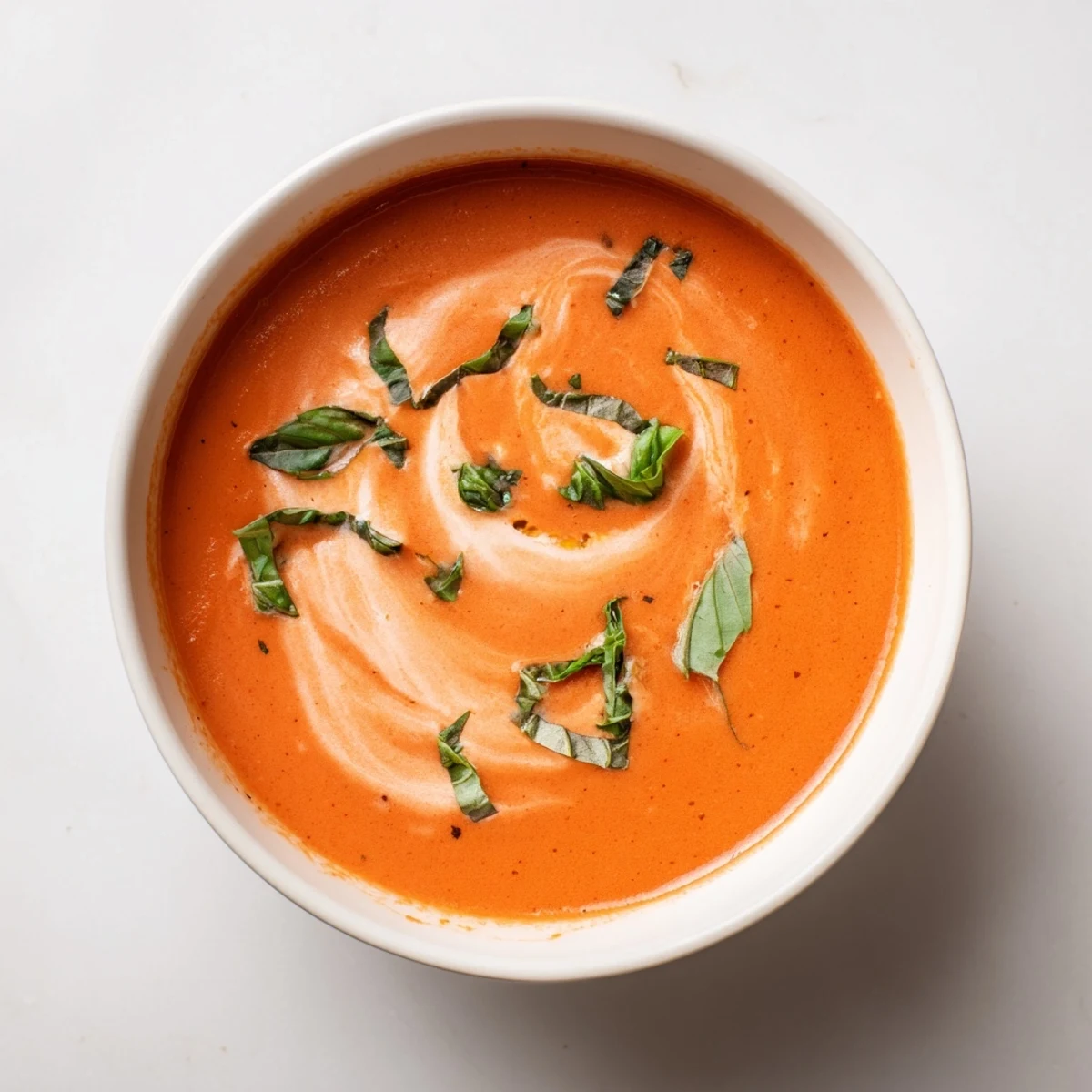 Velvety creamy tomato basil soup topped with fresh basil, perfect for cozy evenings.  