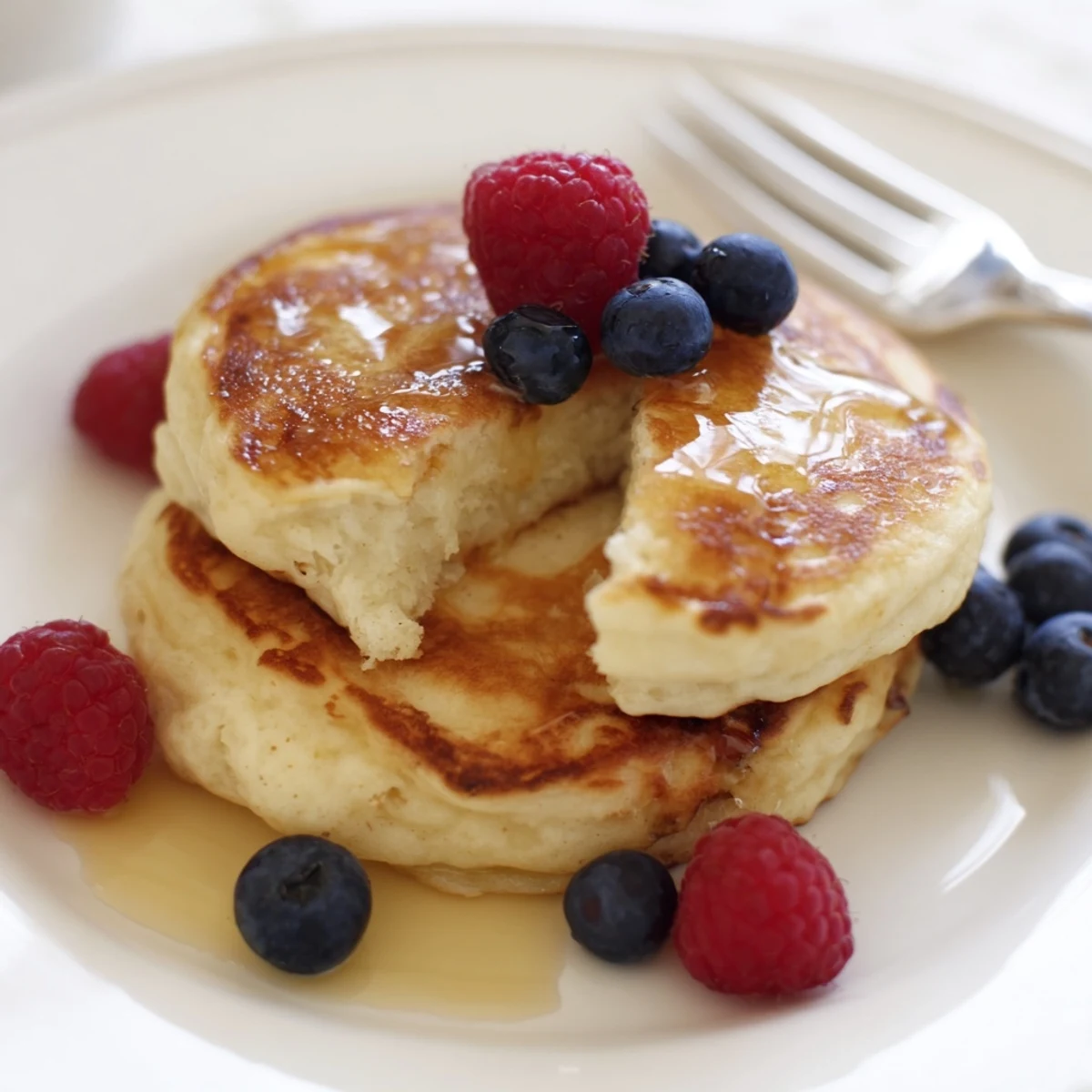 Simple Greek yogurt pancakes served warm, topped with nut butter and sliced bananas.  