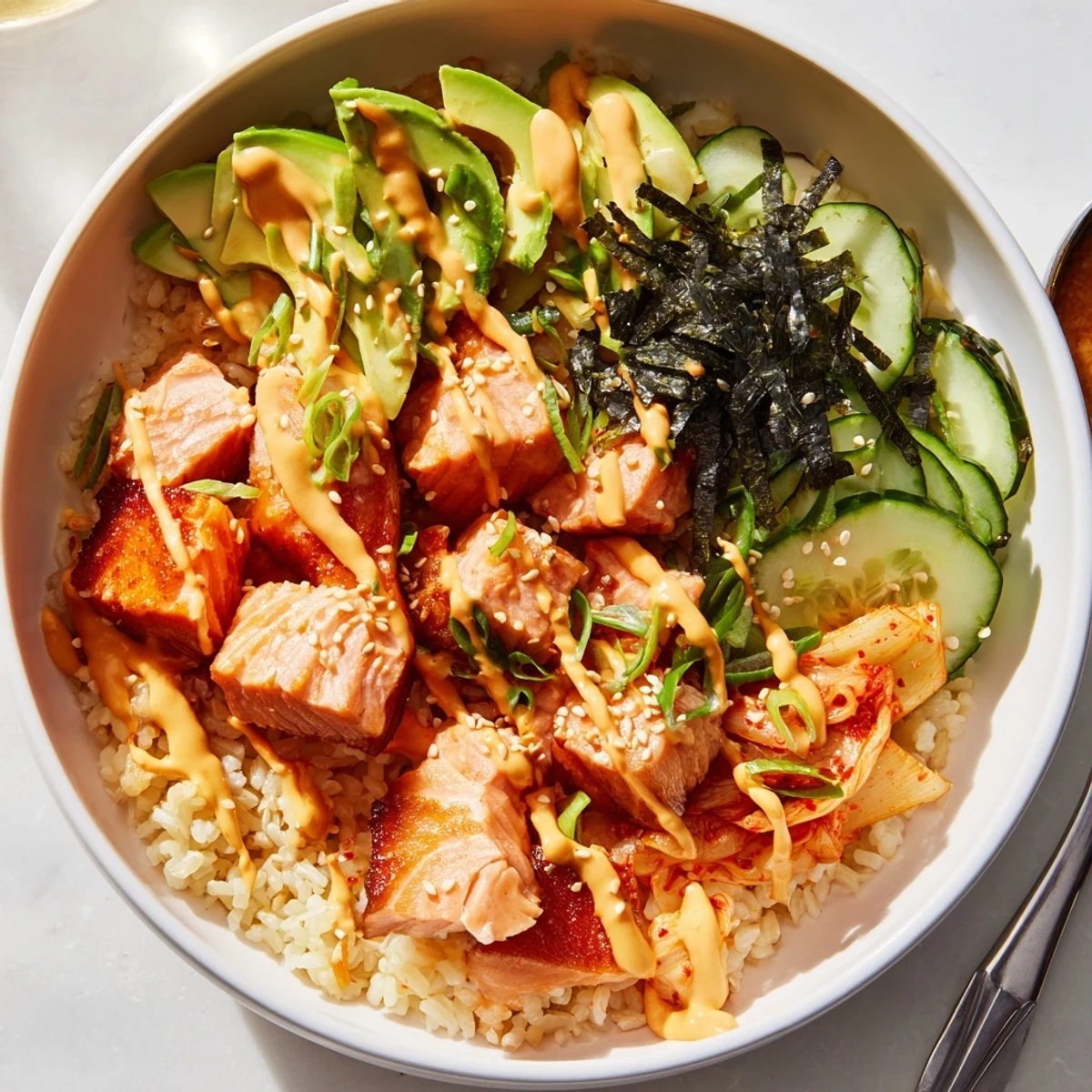 Crispy Salmon Rice Bowl garnished with spicy mayo, fresh avocado, and vibrant kimchi.  