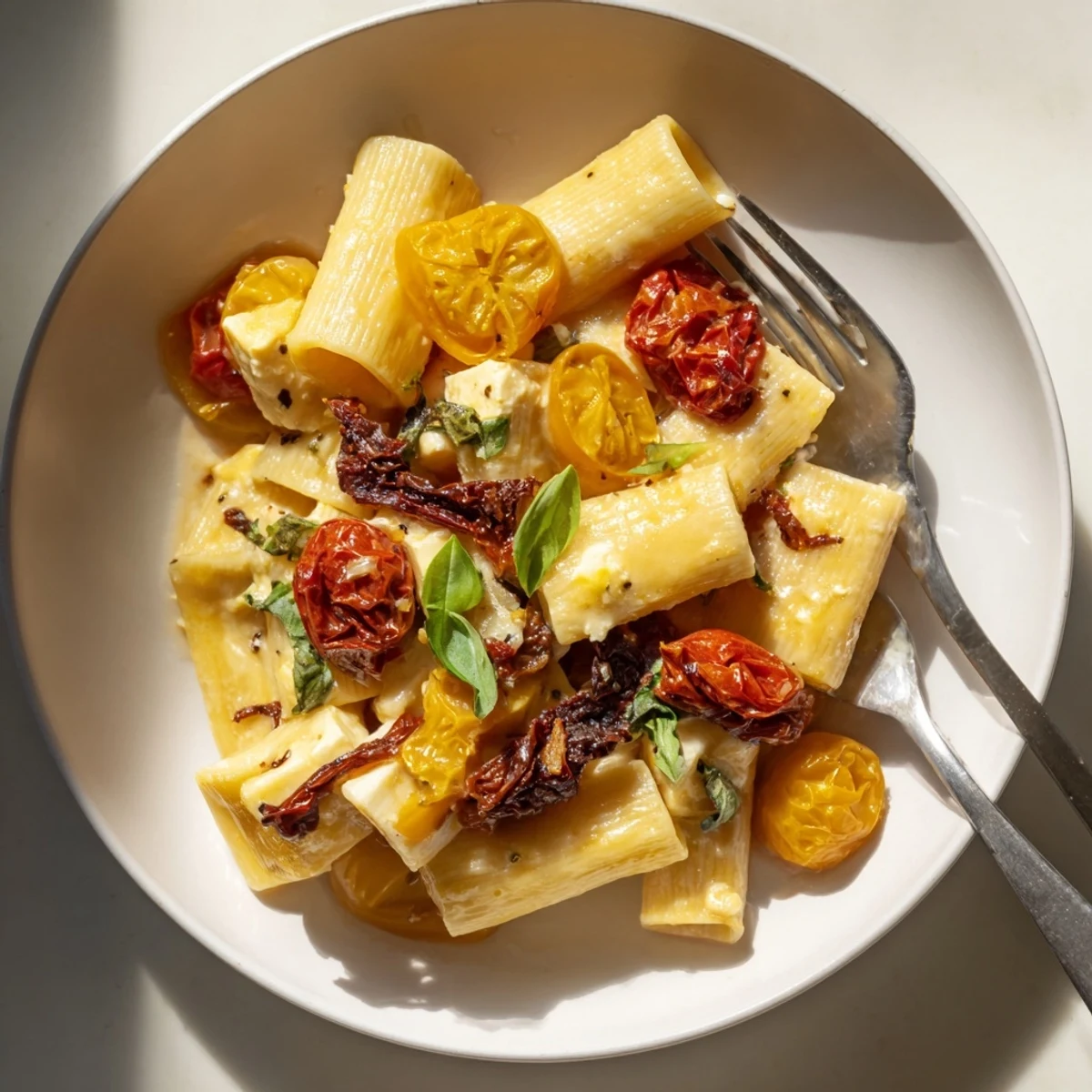 Creamy Baked Feta Pasta with caramelized onions and sun-dried tomatoes, perfect for dinner.  
