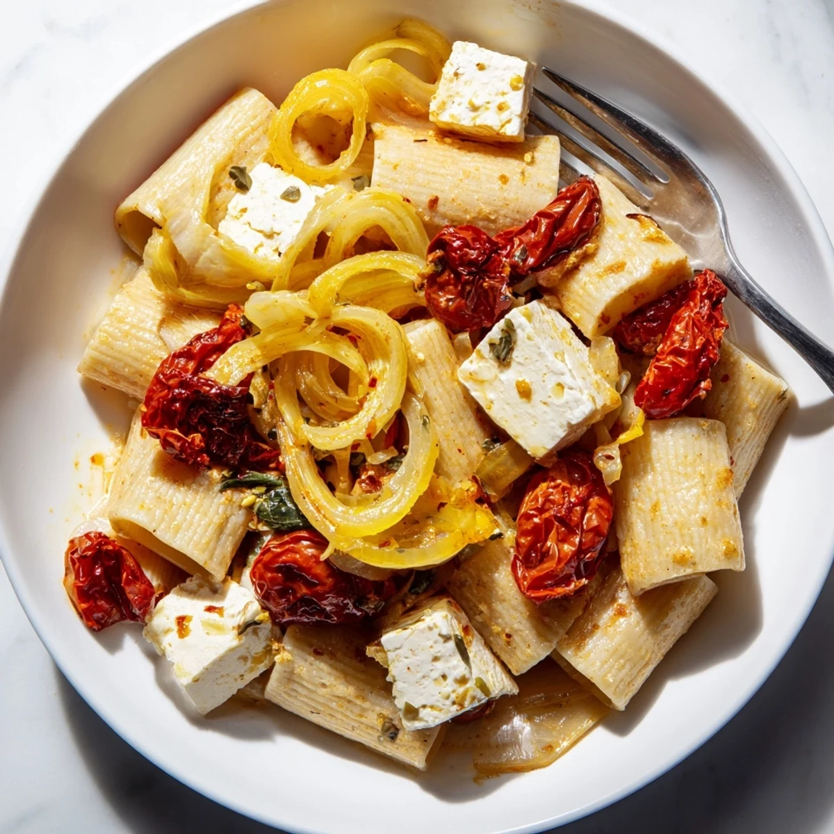 Delicious Baked Feta Pasta topped with fresh basil, a comforting vegetarian main dish.  