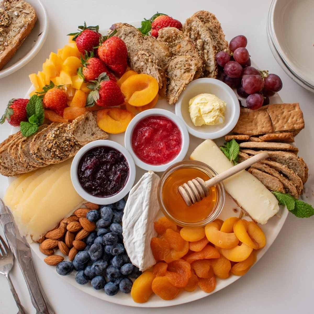 A colorful jam-infused brunch board filled with fresh fruits and artisan cheeses.  