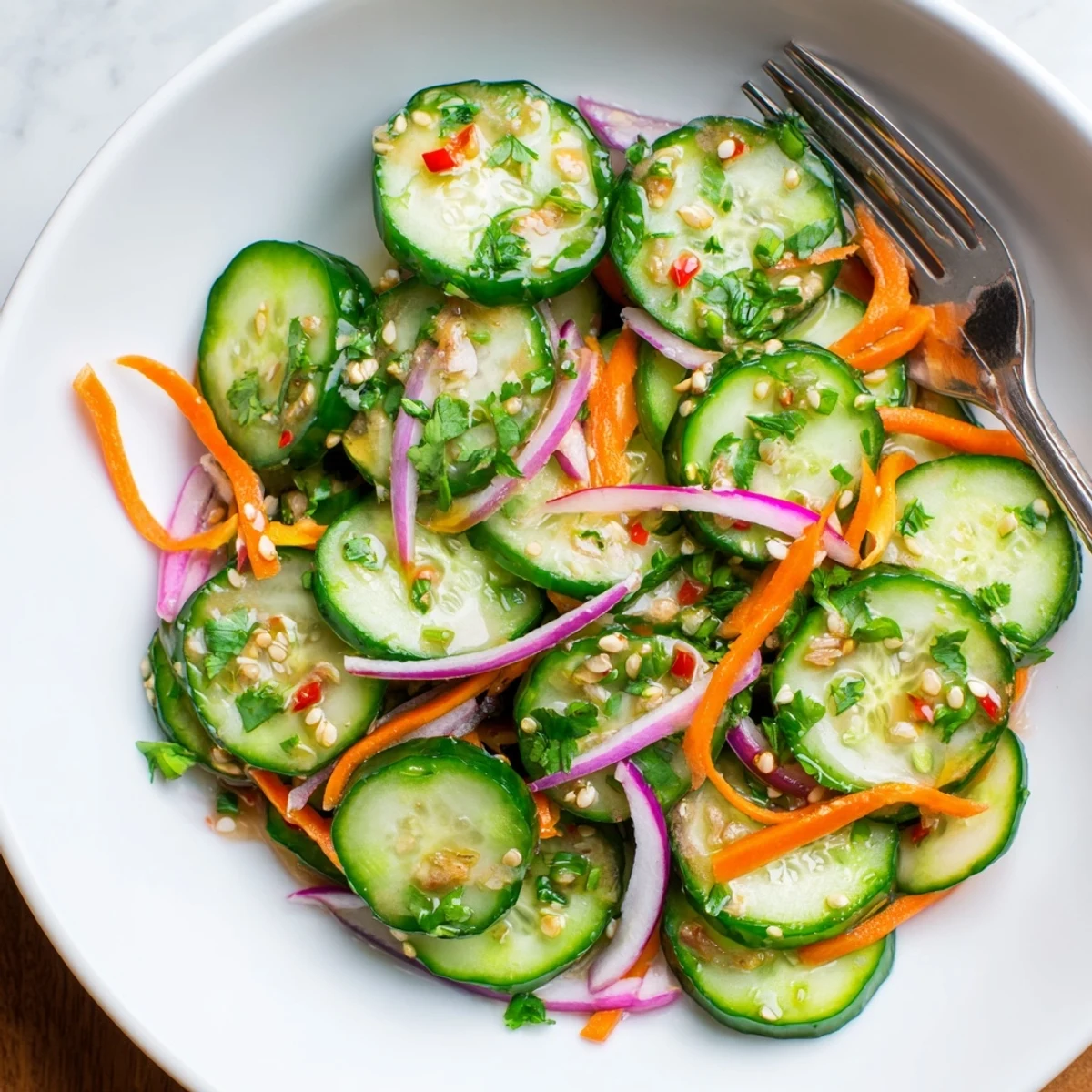 Vibrant cucumber salad remix with sesame oil and fresh cilantro, perfect for summer.  