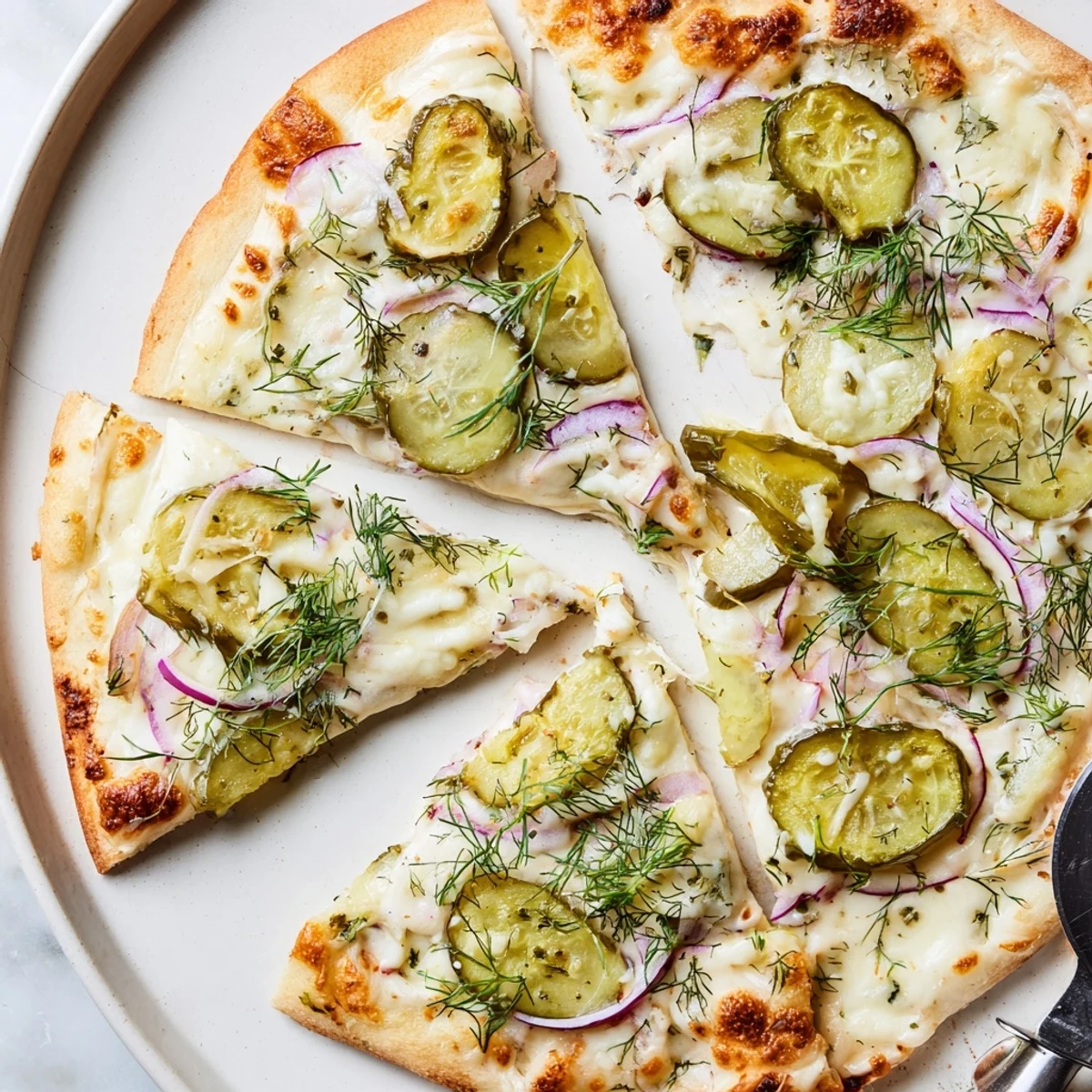 Sizzling hot pickle pizza garnished with fresh dill and crunchy pickles.  