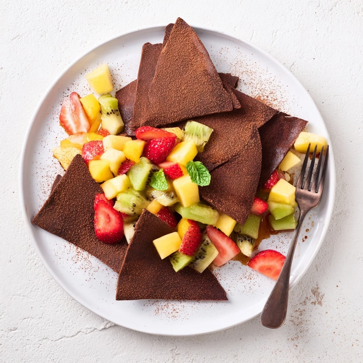 Crispy dessert chips and salsa with vibrant fruit for a delightful treat.  