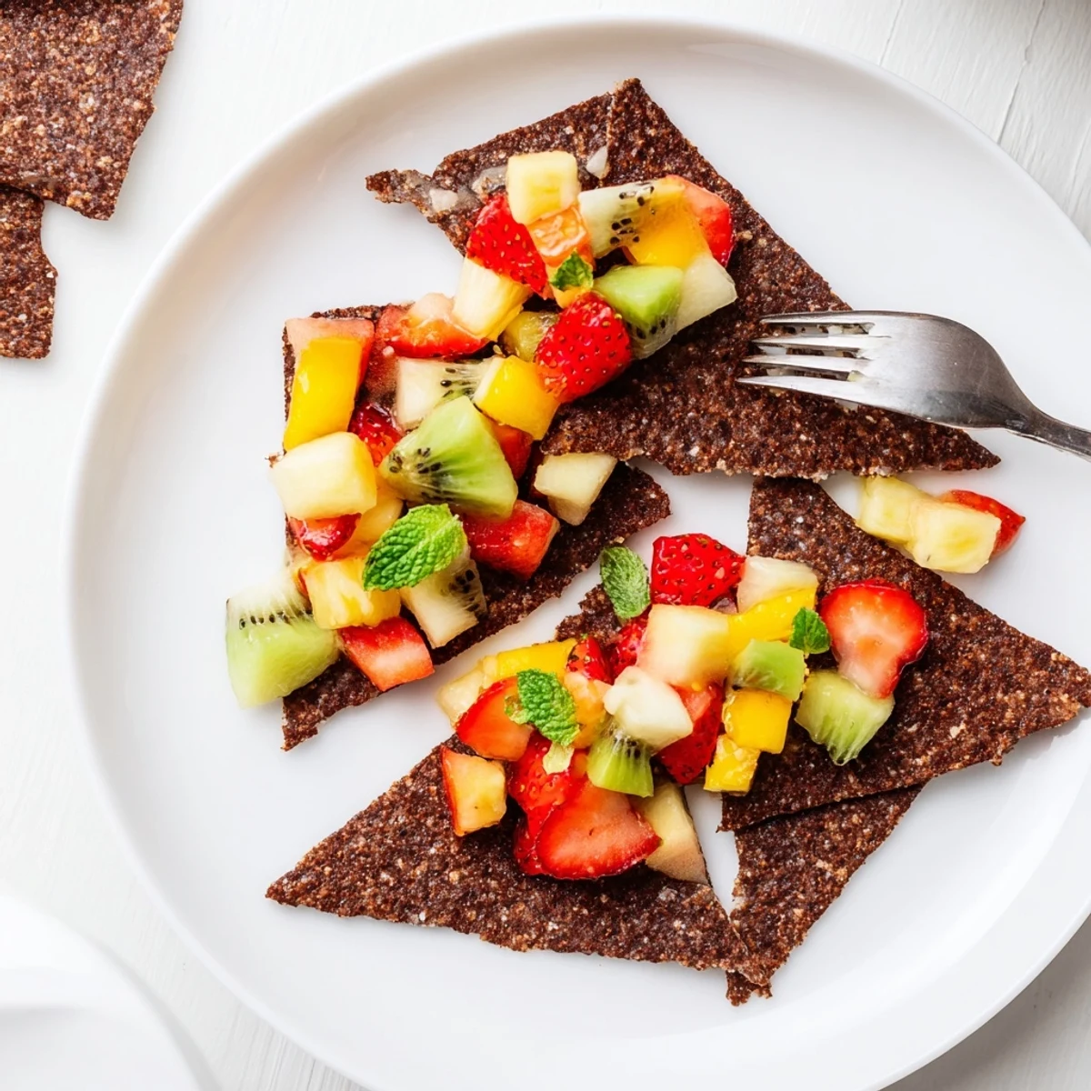 Sweet chocolate chips served with zesty fruit salsa, perfect for gatherings.