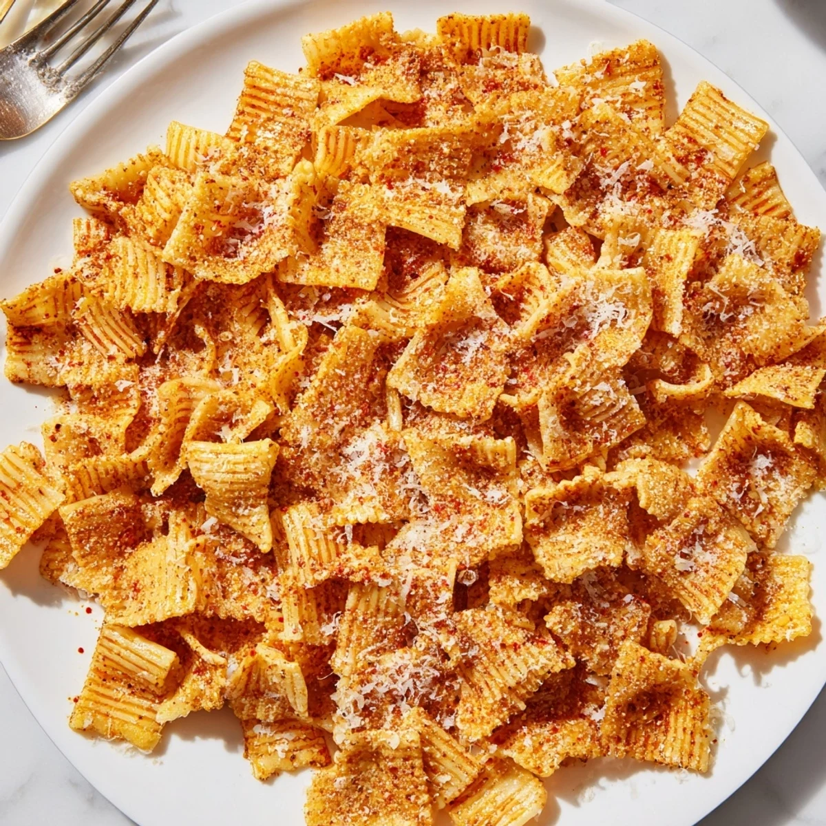 Golden-brown Pasta Chips Seasoned Variety coated in herbs for a savory snack.  