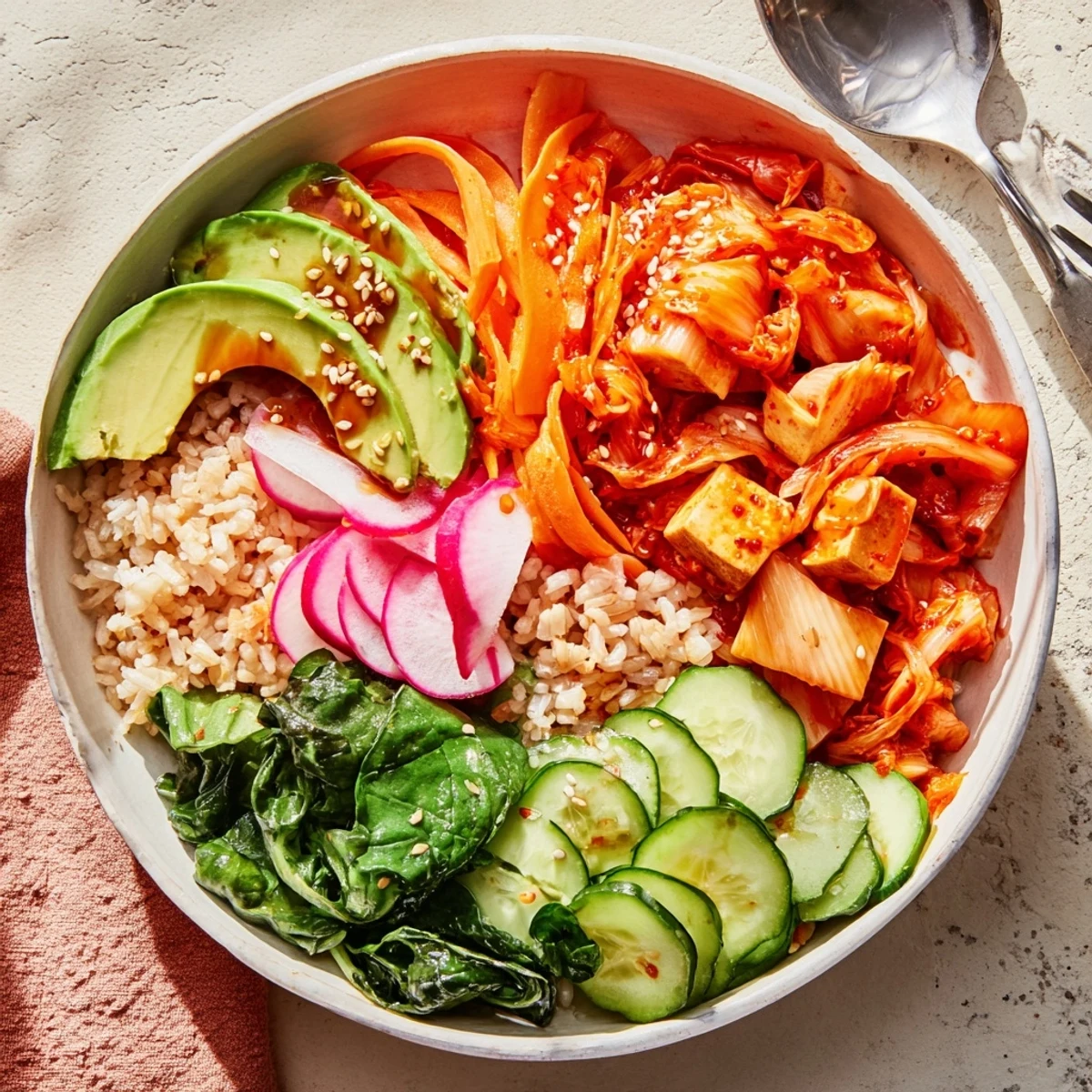 A colorful Fermented Vegetable Bowl with kimchi, fresh veggies, and hearty grains.  