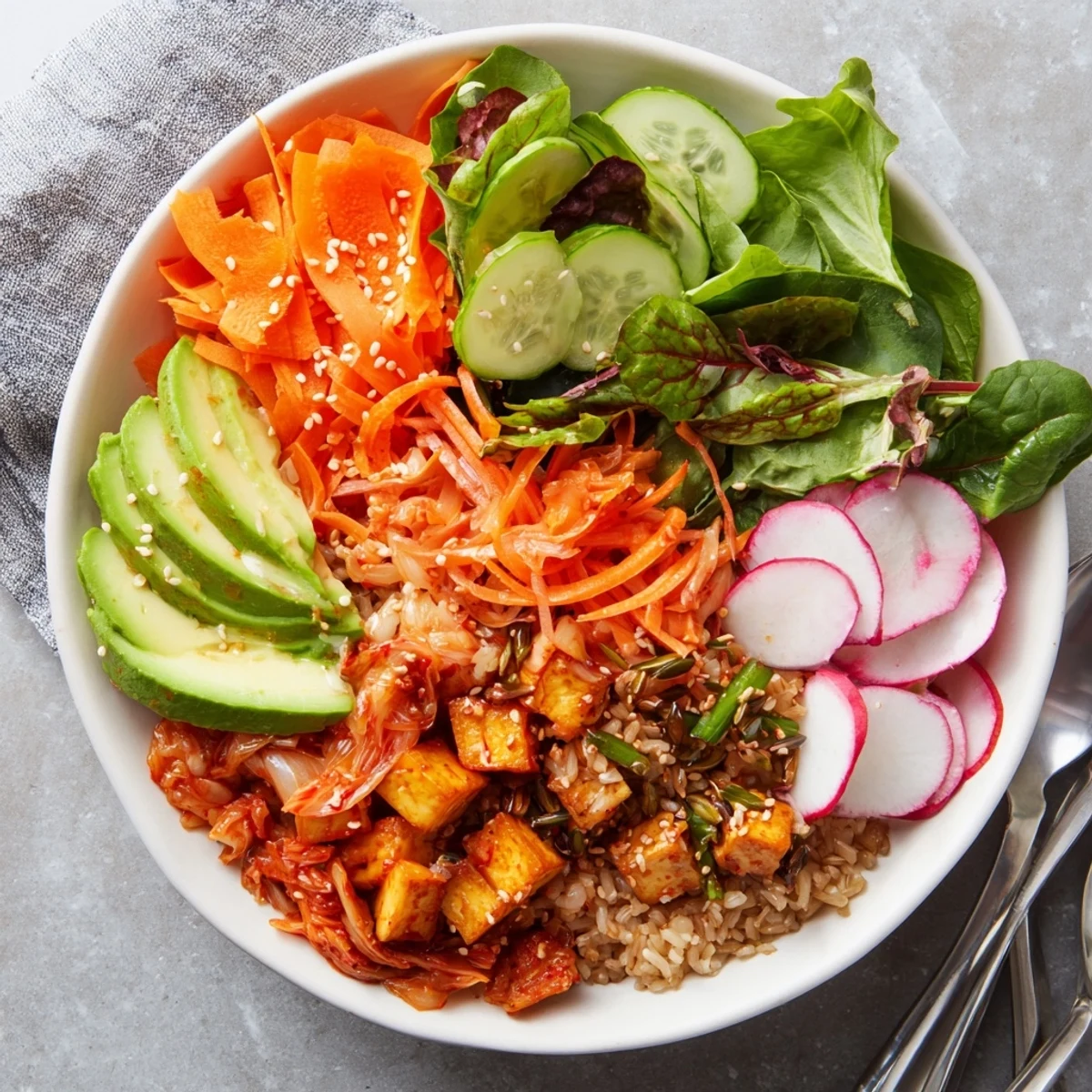 Enjoy a vibrant Fermented Vegetable Bowl topped with avocado, sesame, and a zesty dressing.  
