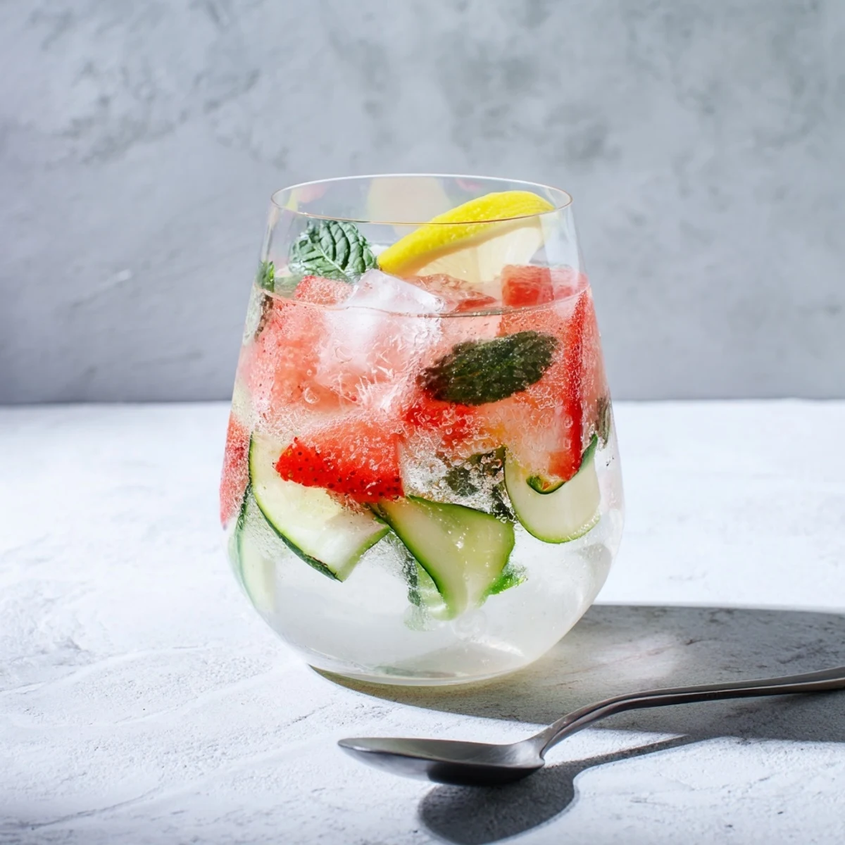 Crisp cucumber and colorful herbs in water-based mocktails for a healthy refreshment.