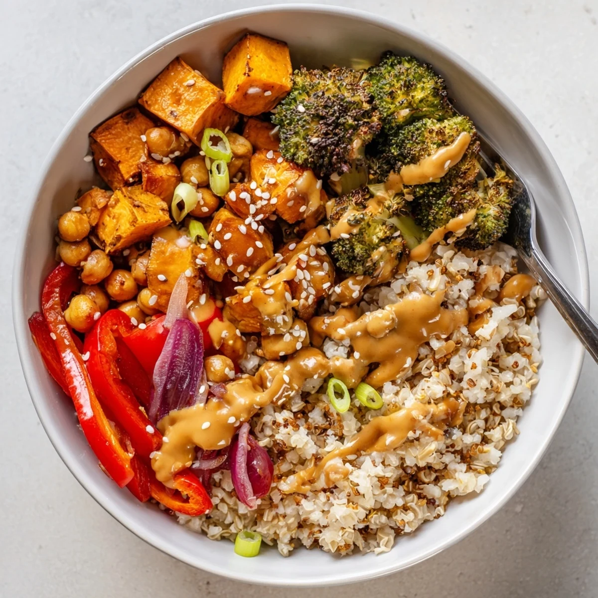 Colorful grain bowls featuring miso-butter and gochujang-maple sauces, ideal for sharing.  